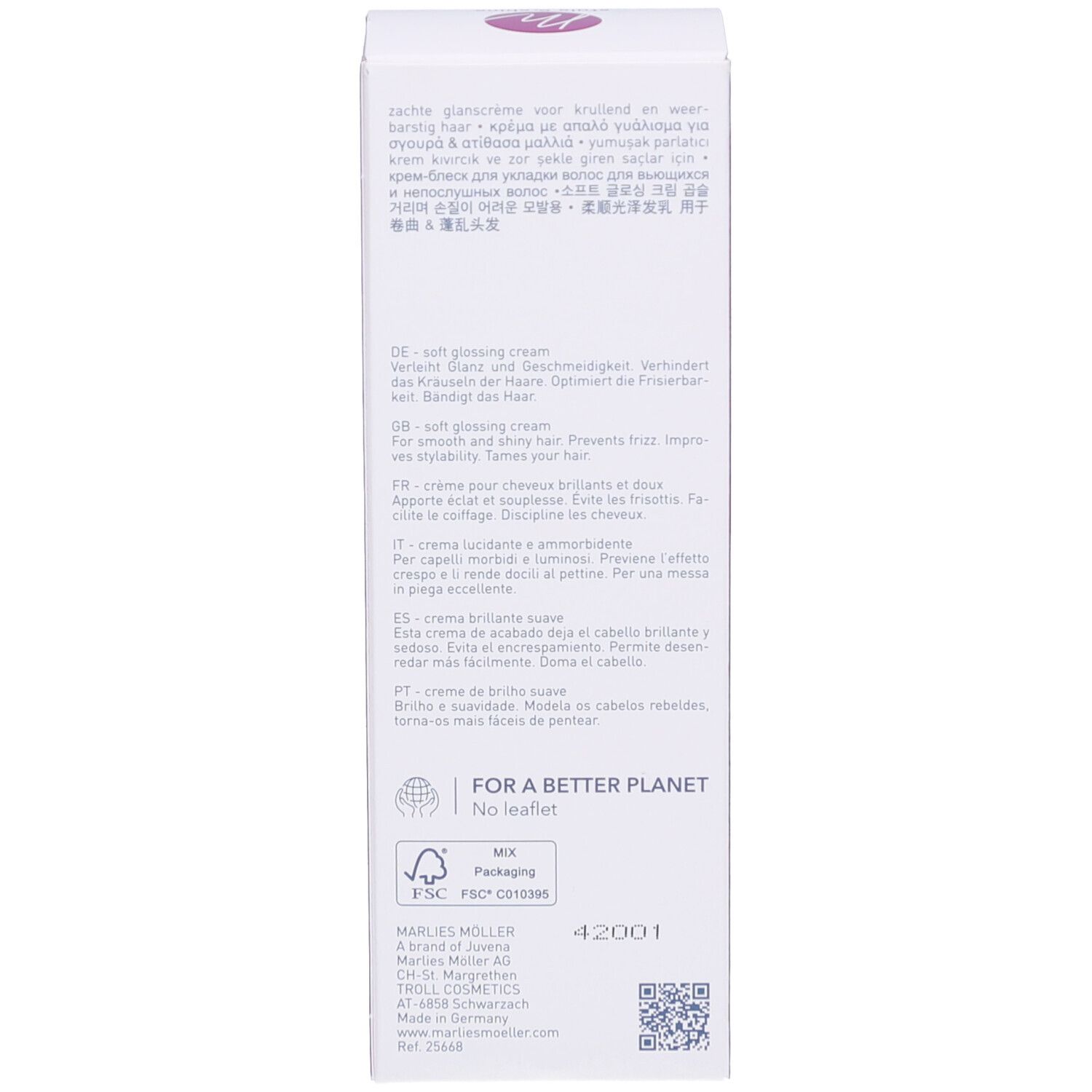 Rückseite der Produktverpackung. Text in mehreren Sprachen. Marlies Möller Logo. FSC-Zertifizierung.