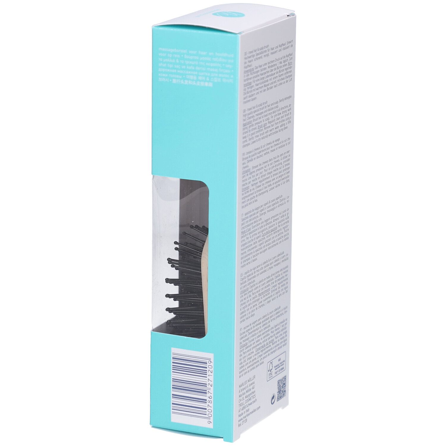 Produktverpackung. Marlies Möller Travel Hair & Scalp Brush. Seitenansicht mit Barcode.
