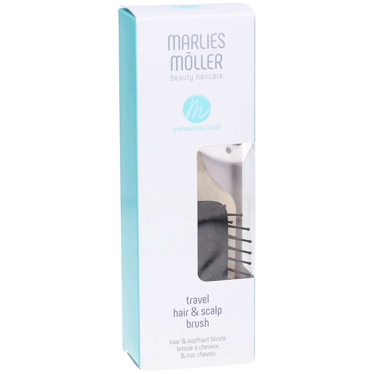 Produktverpackung. Marlies Möller Travel Hair & Scalp Brush. Bürste durch Fenster sichtbar.