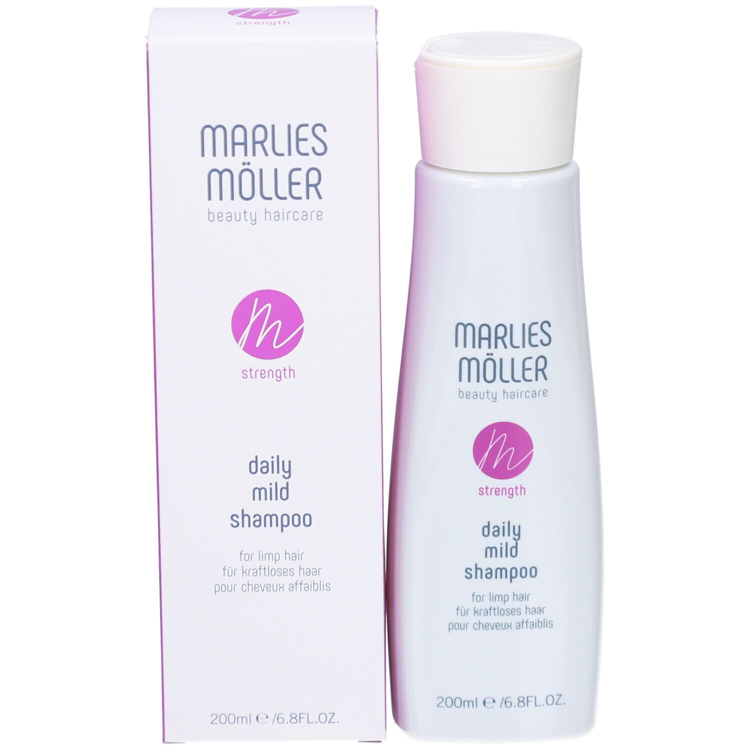 Produktverpackung mit Shampoo-Flasche. Aufschrift: Marlies Möller, daily mild shampoo. 200ml/6.8FL.OZ.