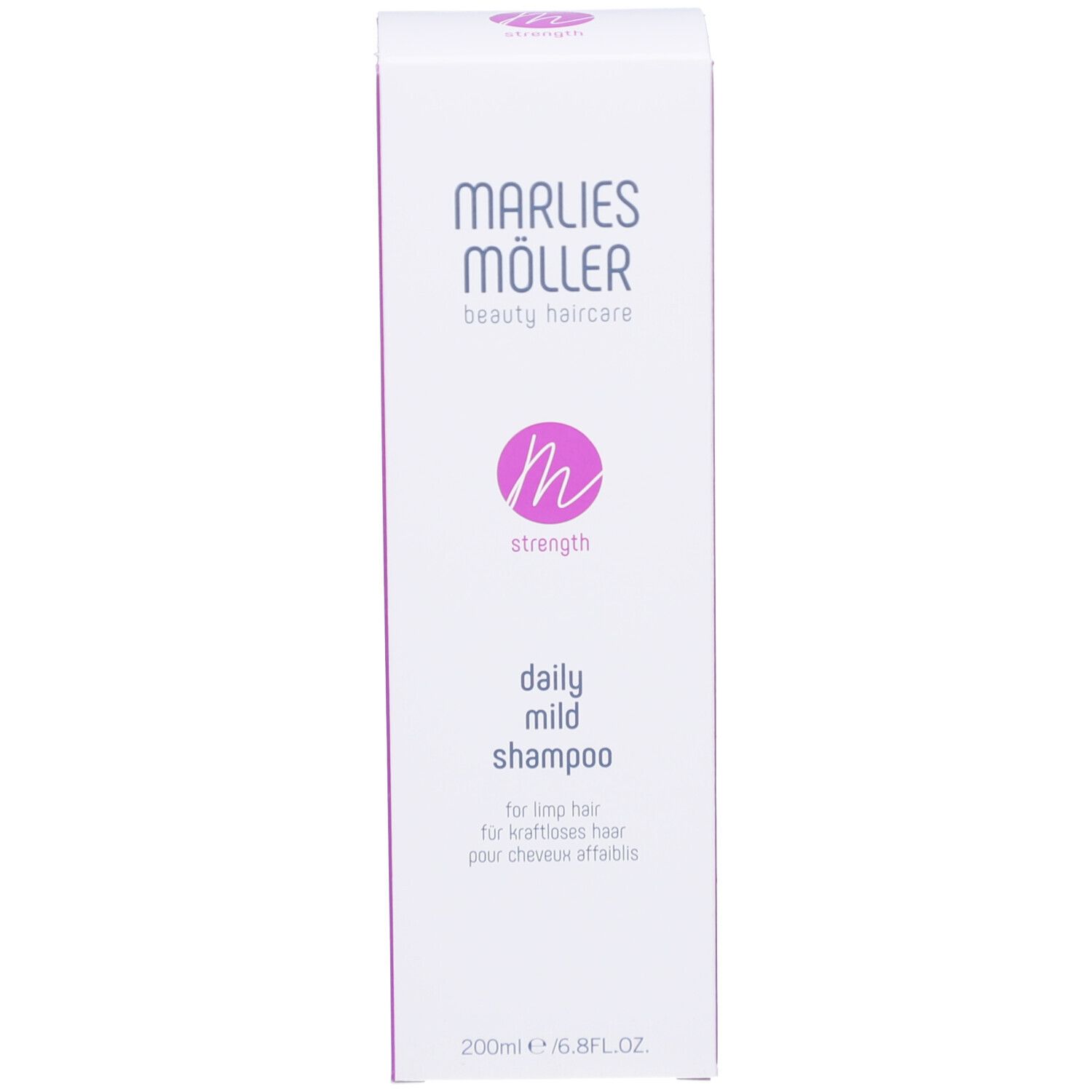 Produktverpackung. Aufschrift: Marlies Möller, daily mild shampoo. 200ml/6.8FL.OZ.