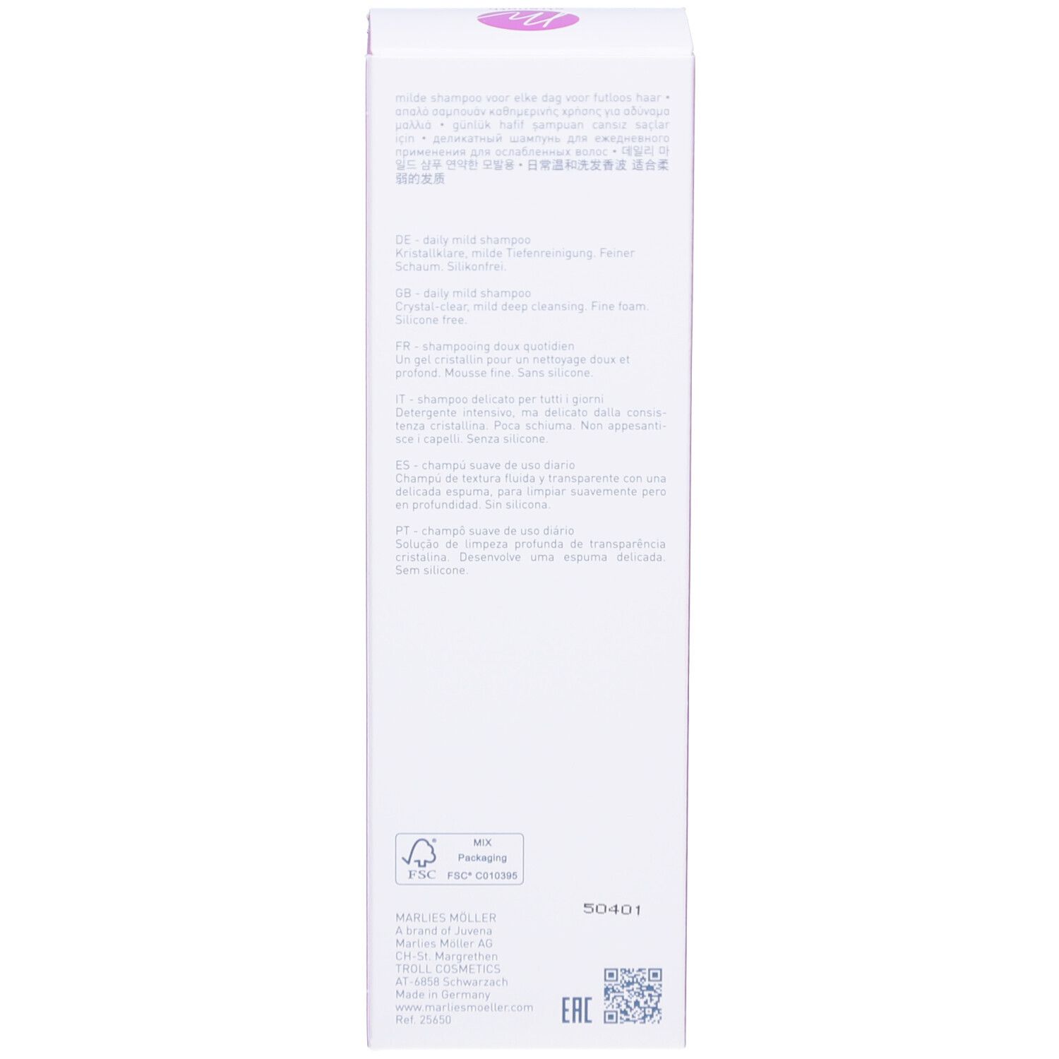 Produktverpackung, Rückseite. Text: Anwendung, Inhaltsstoffe, Herstellerinformationen. 200ml/6.8FL.OZ.