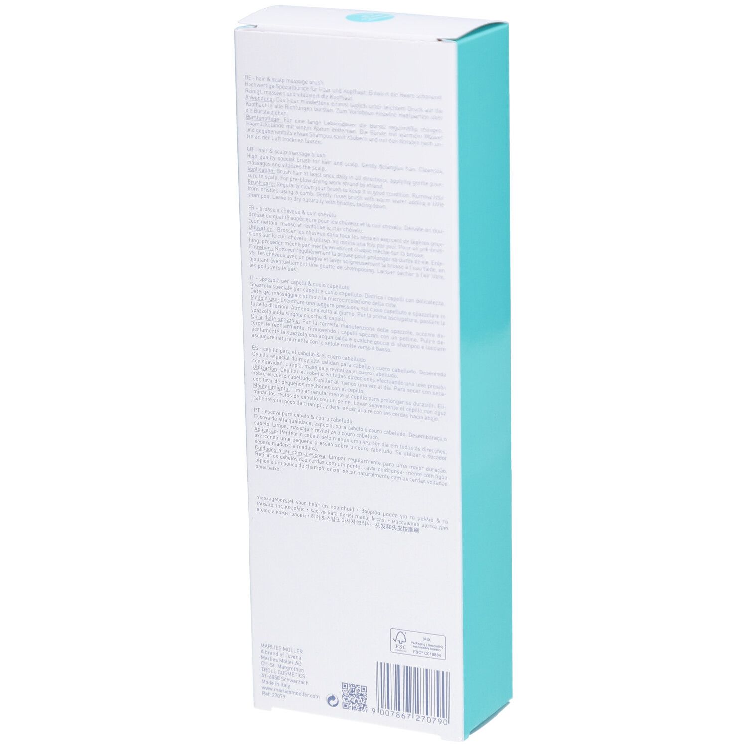 Produktverpackung, weiß mit türkisfarbenen Akzenten. Text auf der Rückseite.