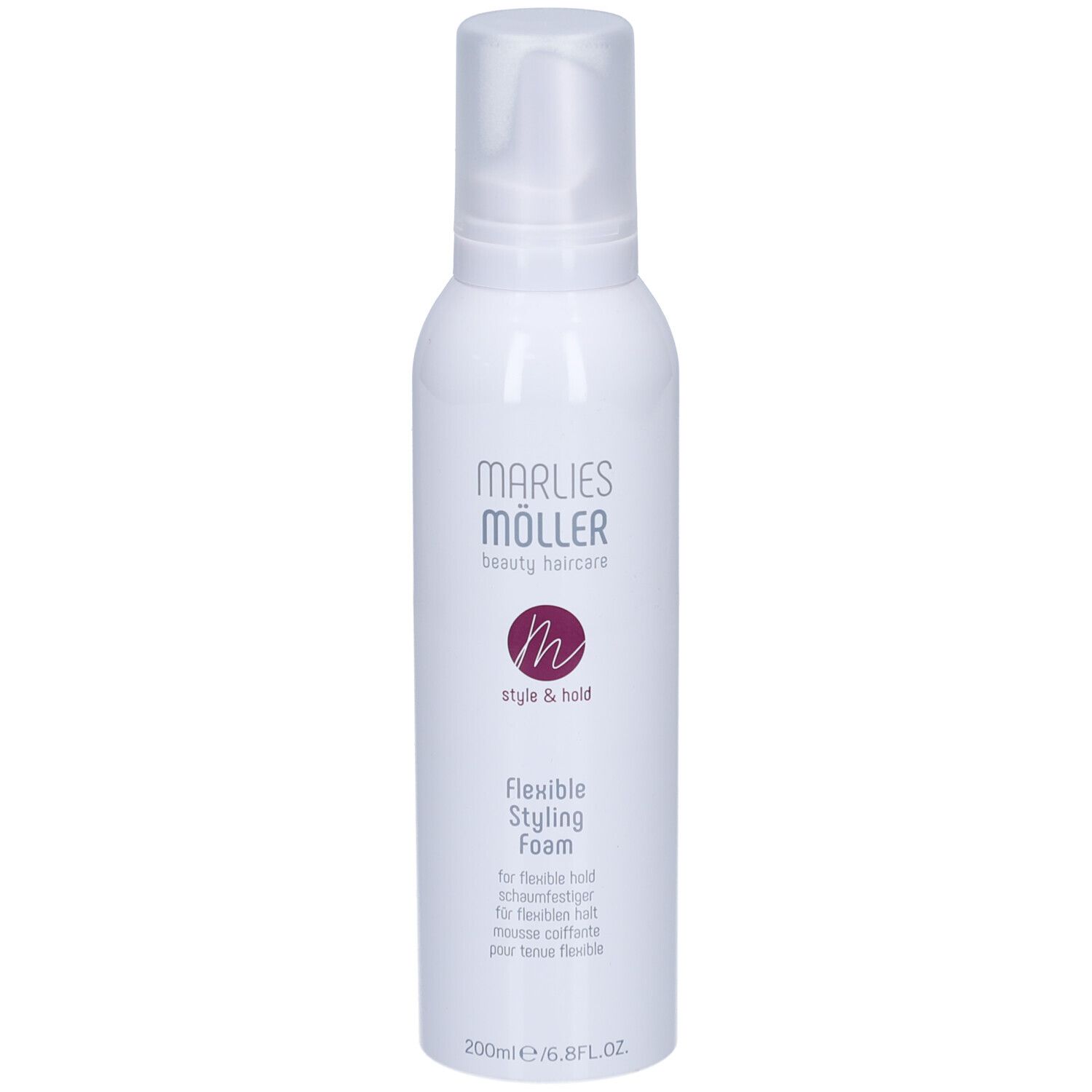 Weiße Flasche mit Sprühkopf. Aufschrift: Marlies Möller, Style & Hold, Flexible Styling Foam. 200ml.