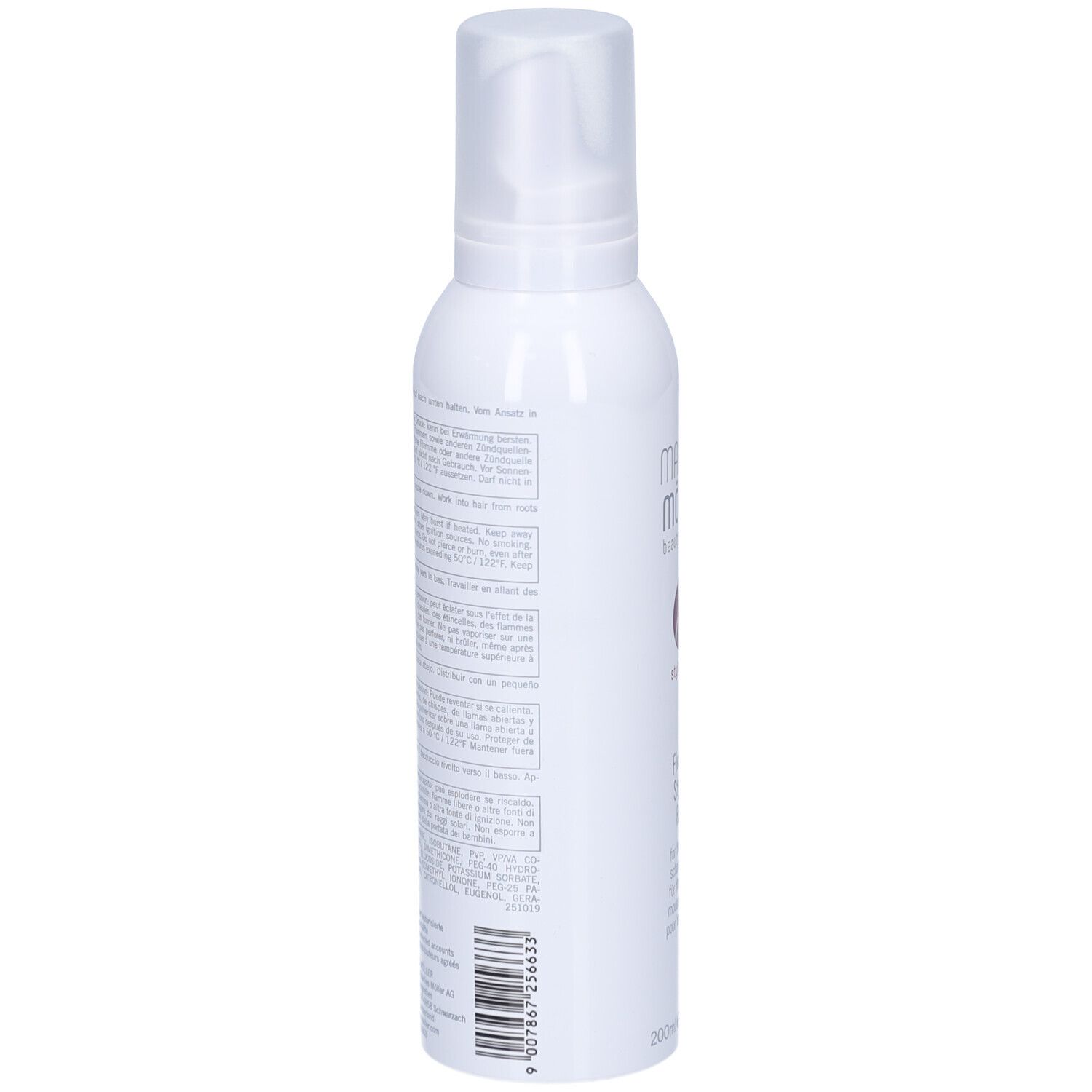 Weiße Flasche, Rückseite. Aufschrift und Text. 200ml. Warnhinweise.