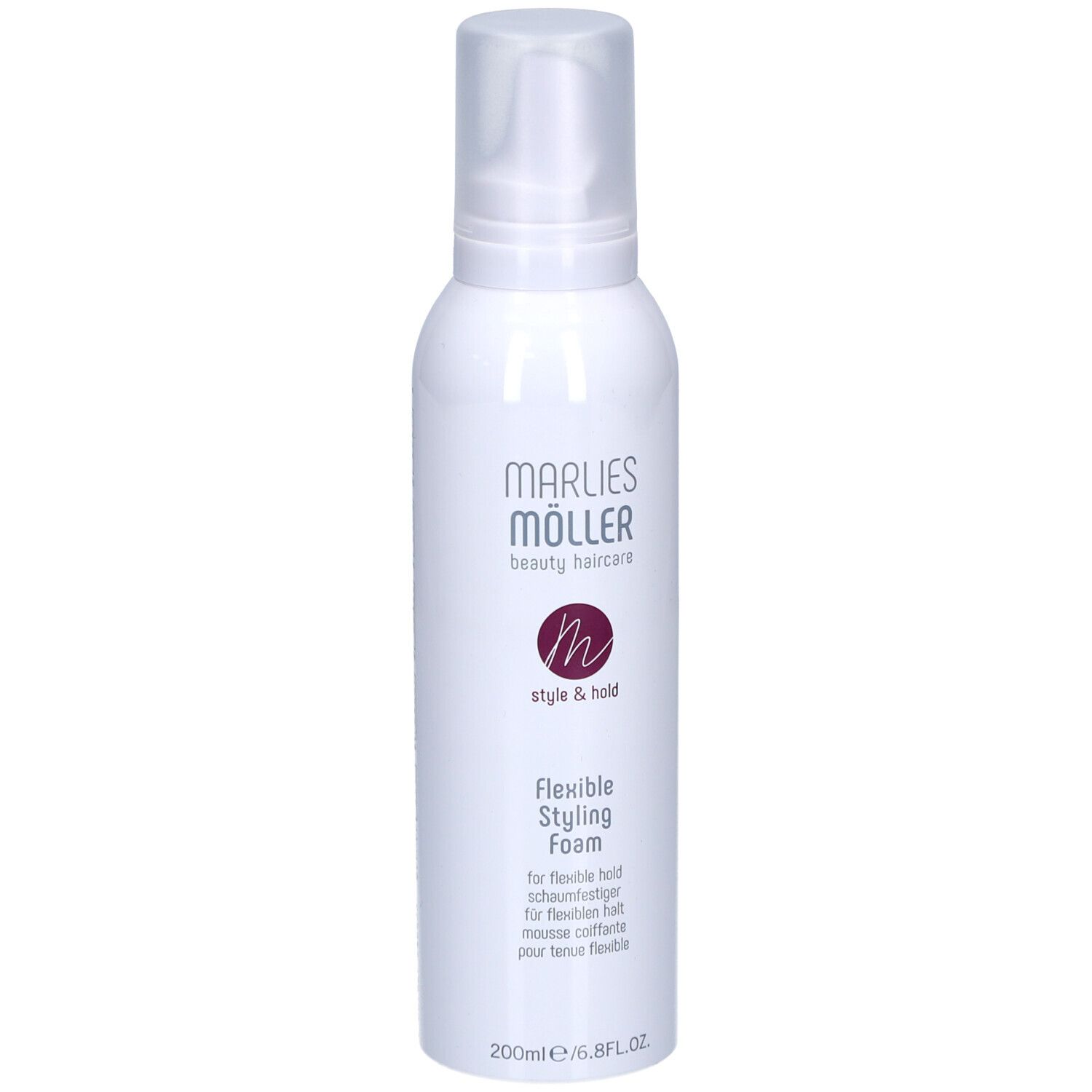 Weiße Flasche mit Sprühkopf. Aufschrift: Marlies Möller, Style & Hold, Flexible Styling Foam. 200ml.