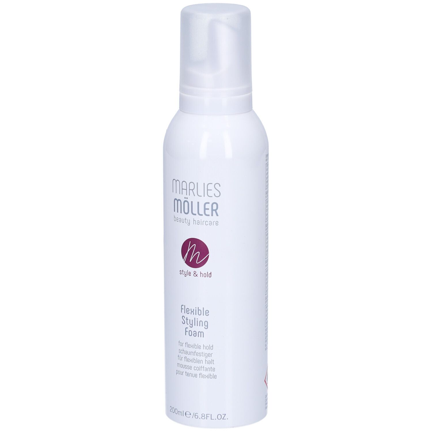 Weiße Flasche mit Sprühkopf. Aufschrift: Marlies Möller, Style & Hold, Flexible Styling Foam. 200ml.