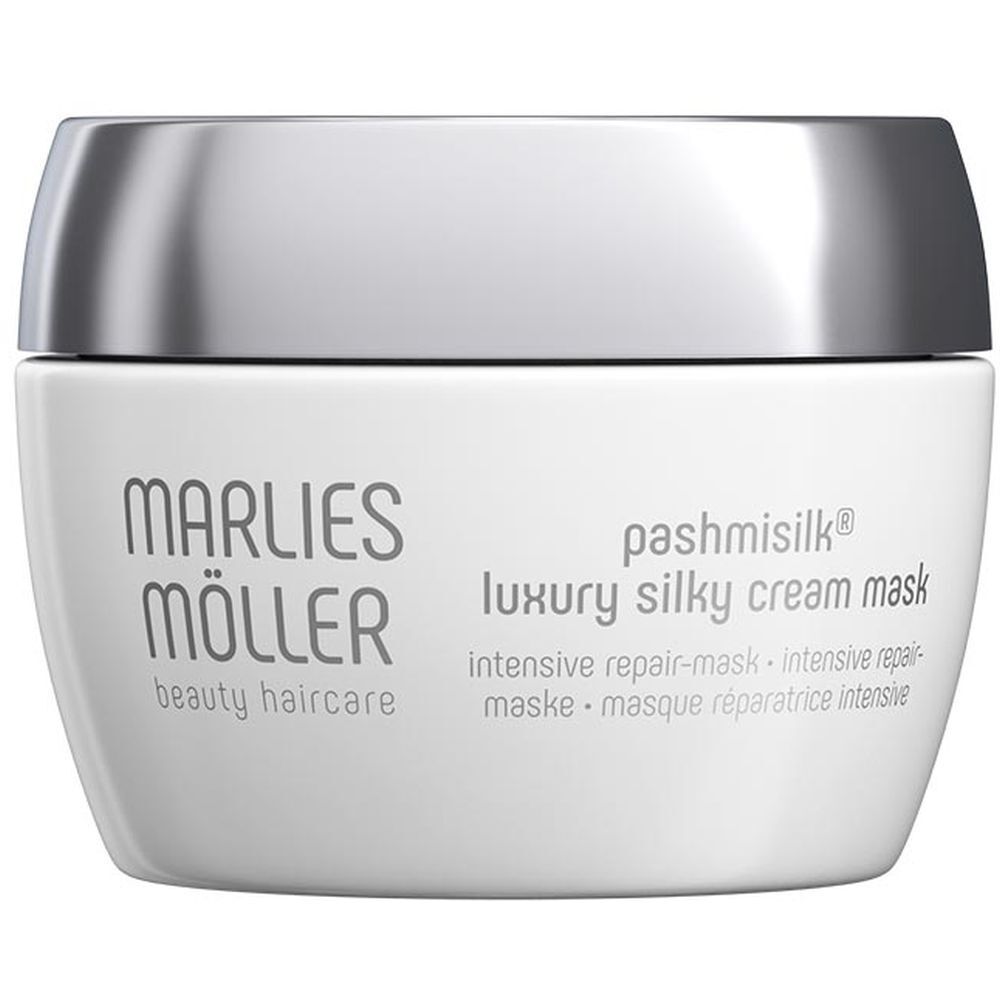 Weißer Tiegel mit silbernem Deckel. Aufschrift: Marlies Möller, Pashmisilk, Luxury Silky Cream Mask.