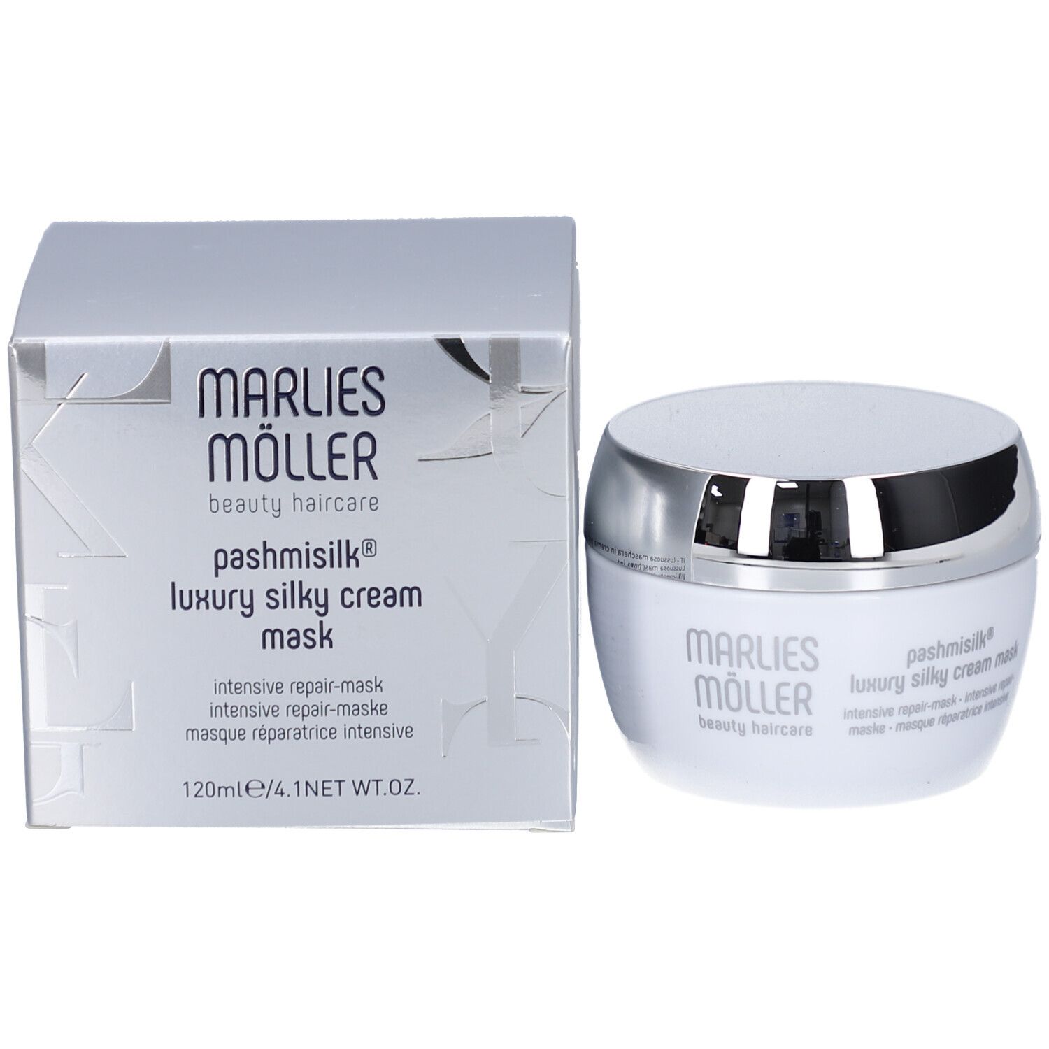 Produktverpackung und Dose. Aufschrift: Marlies Möller, pashmisilk luxury silky cream mask. Mehrsprachige Texte. 120ml.