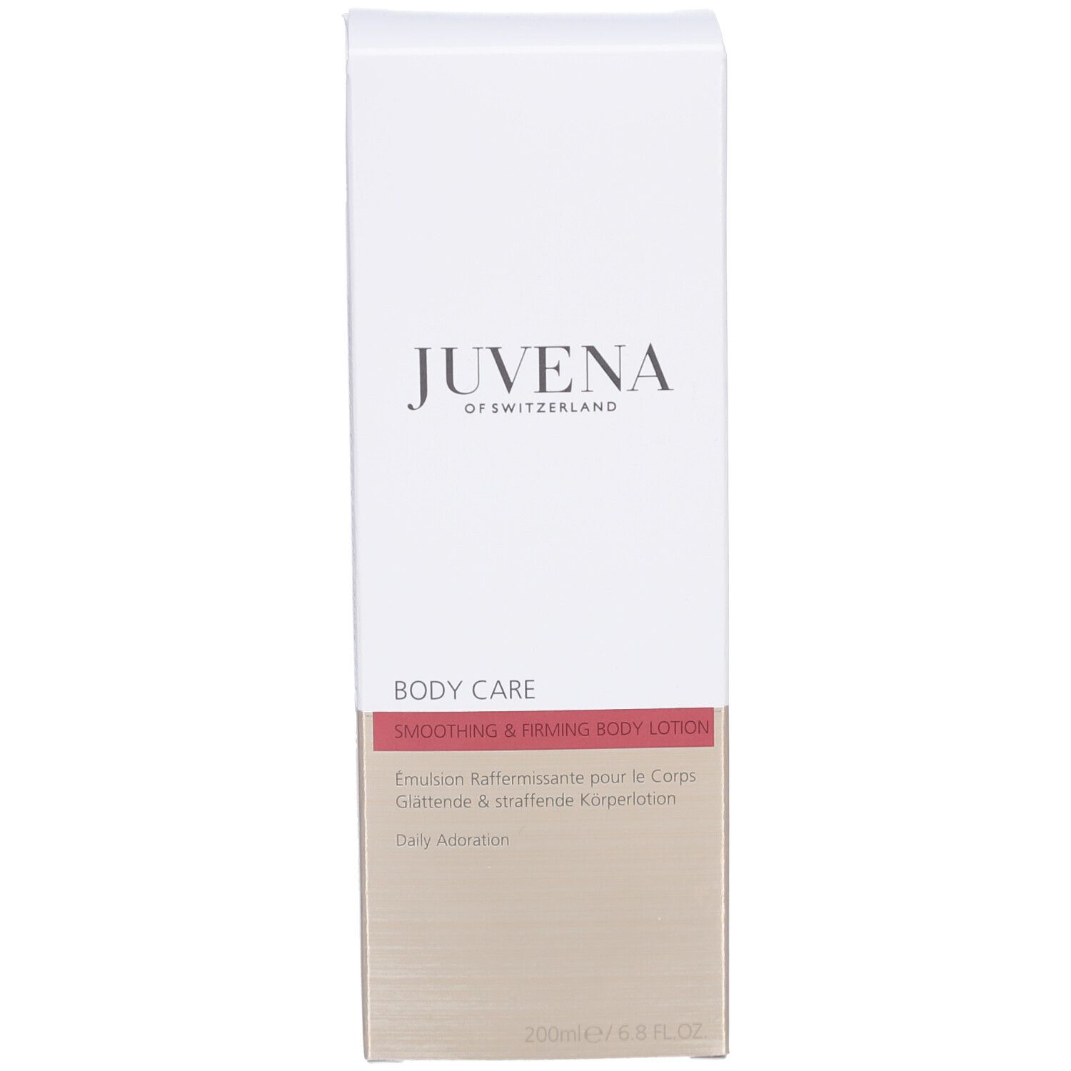 Verpackung. Aufschrift: Juvena of Switzerland, Body Care, Smoothing & Firming Body Lotion, 200ml/6.8 FL.OZ.