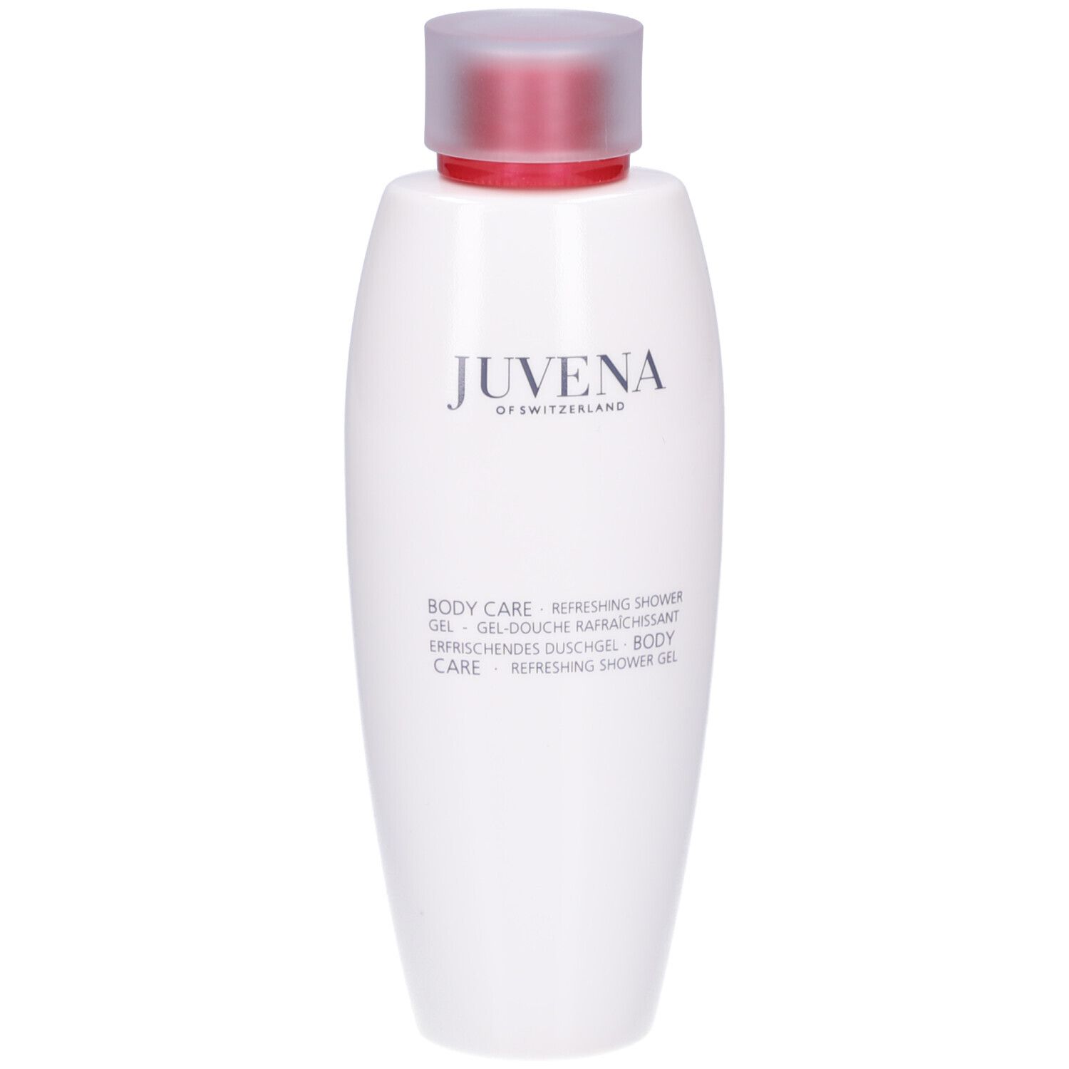 Weißer Behälter mit rotem Verschluss. Aufschrift: Juvena of Switzerland, Body Care, Refreshing Shower Gel.