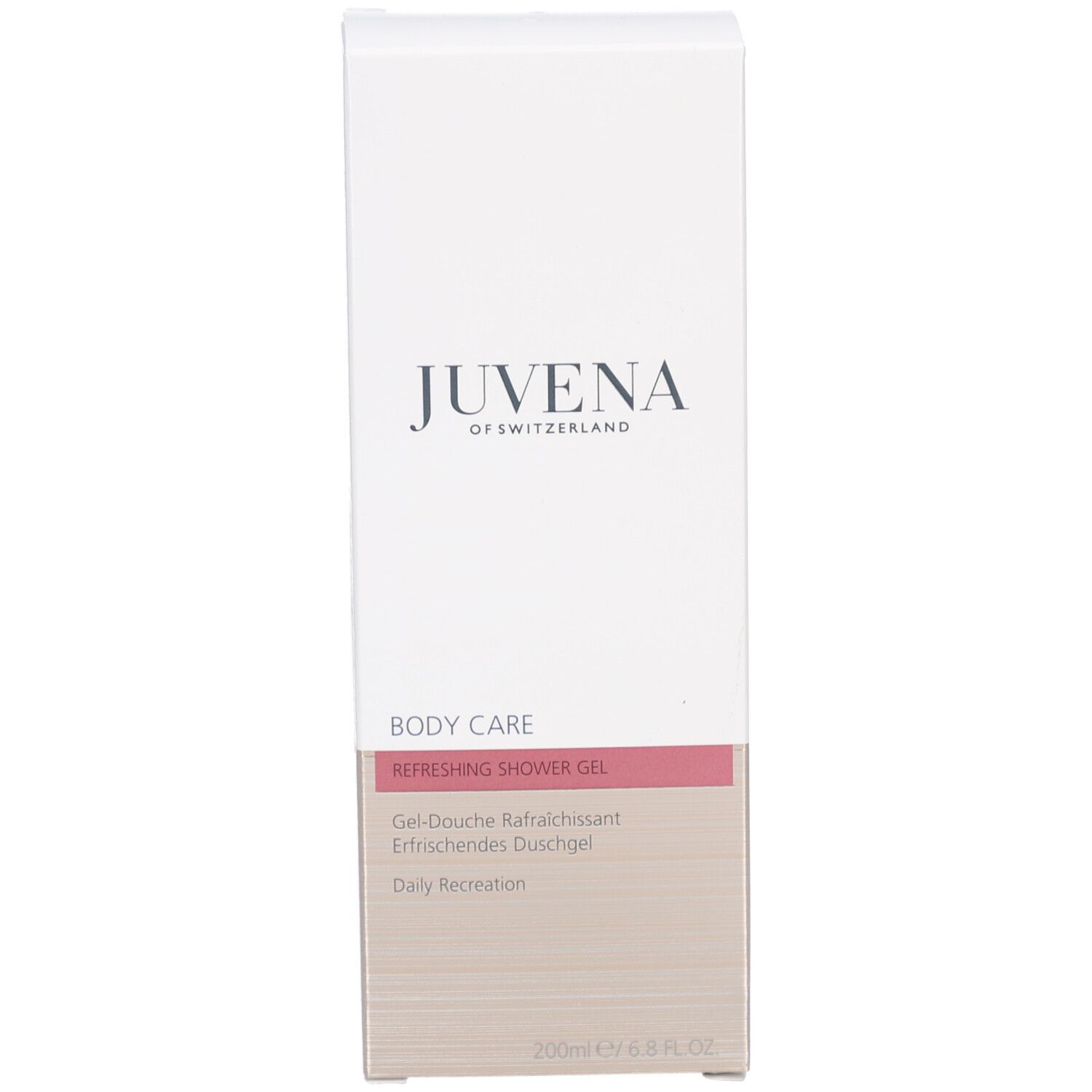 Weißer Karton. Aufschrift: Juvena, Body Care, Refreshing Shower Gel, Inhaltsstoffe.