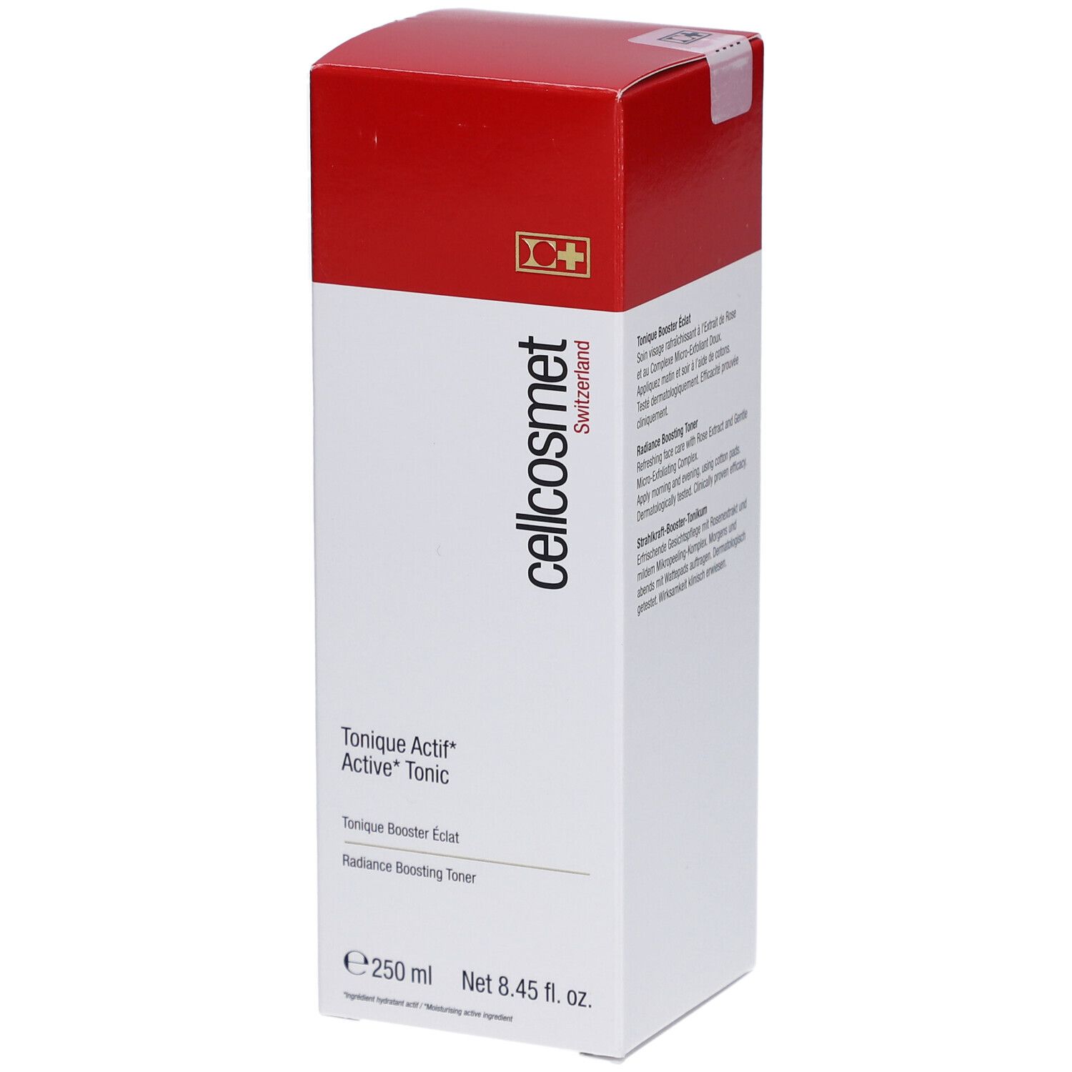 Weiß-rote Verpackung. Cellcosmet-Logo. Produktname: Tonique Actif Active Tonic. Text: 250 ml, Net 8.45 fl. oz.