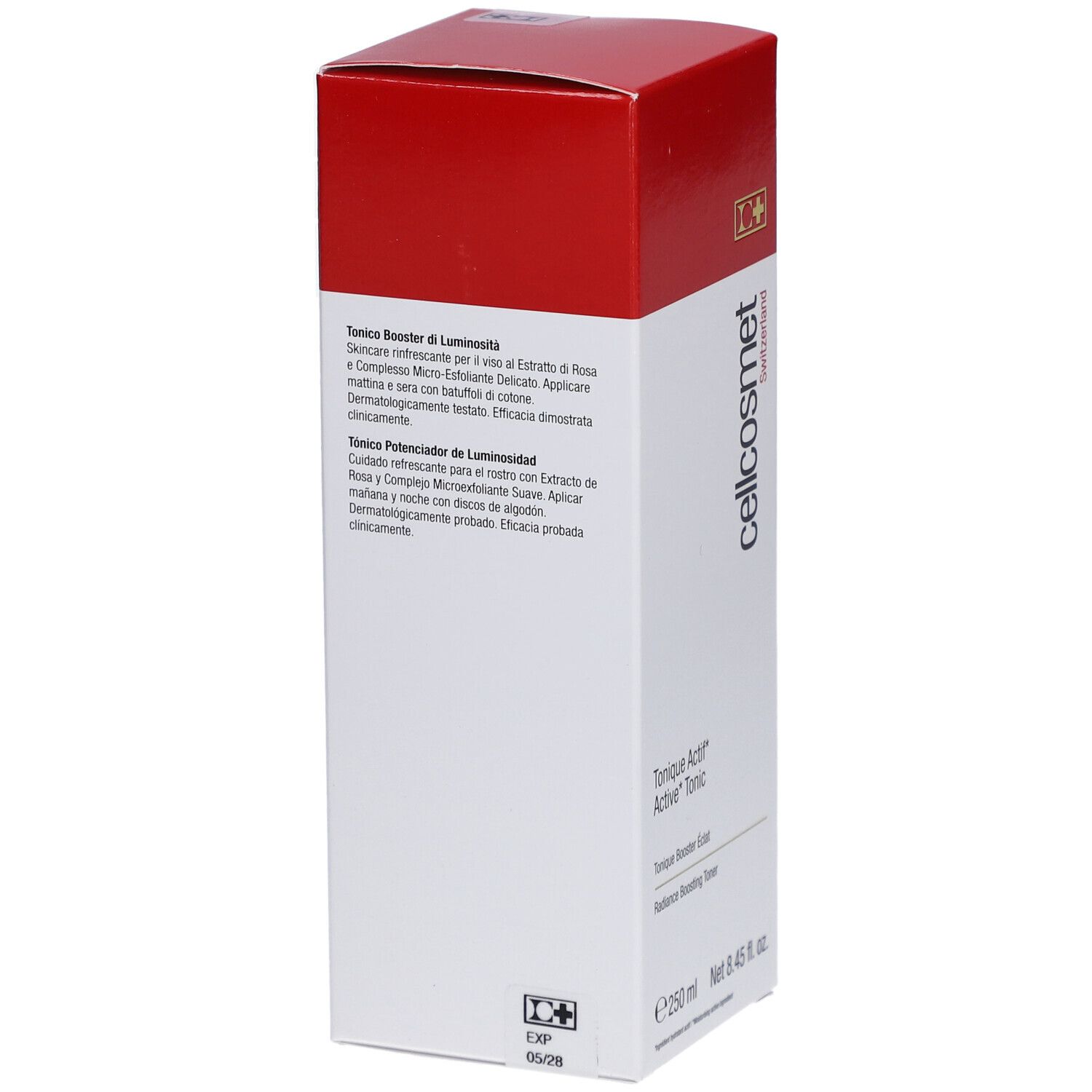 Verpackung mit Text. Cellcosmet-Logo. Produktname: Tonique Actif Active Tonic. Text: 250 ml, Net 8.45 fl. oz.