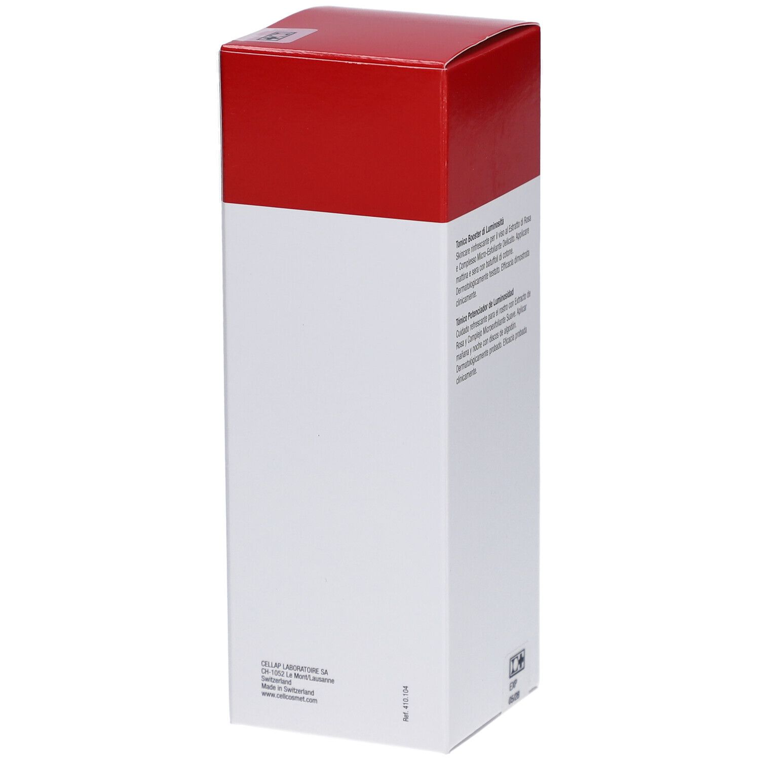 Weiß-rote Verpackung. Text auf der Verpackung. Cellcosmet-Logo. Produktname: Tonique Actif Active Tonic.