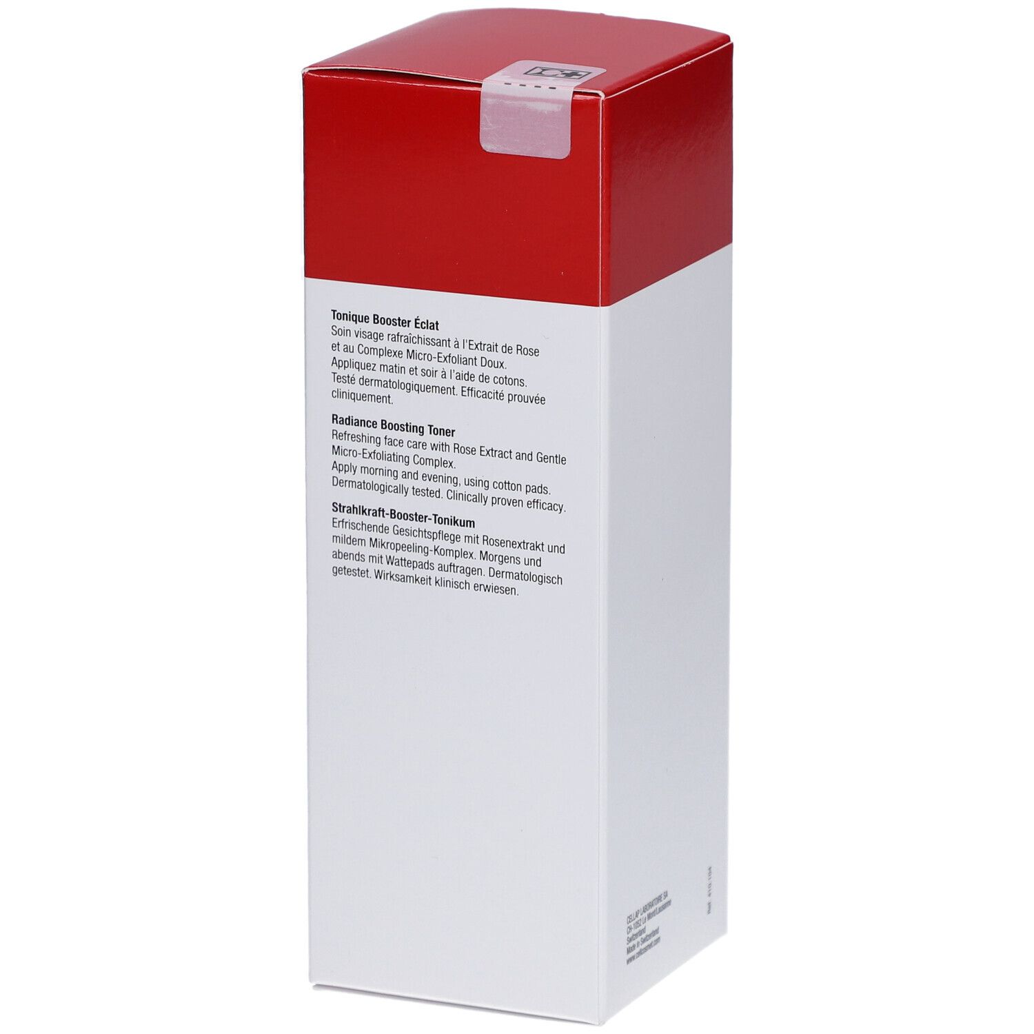 Weiß-rote Verpackung. Text auf der Verpackung. Cellcosmet-Logo. Produktname: Tonique Actif Active Tonic.