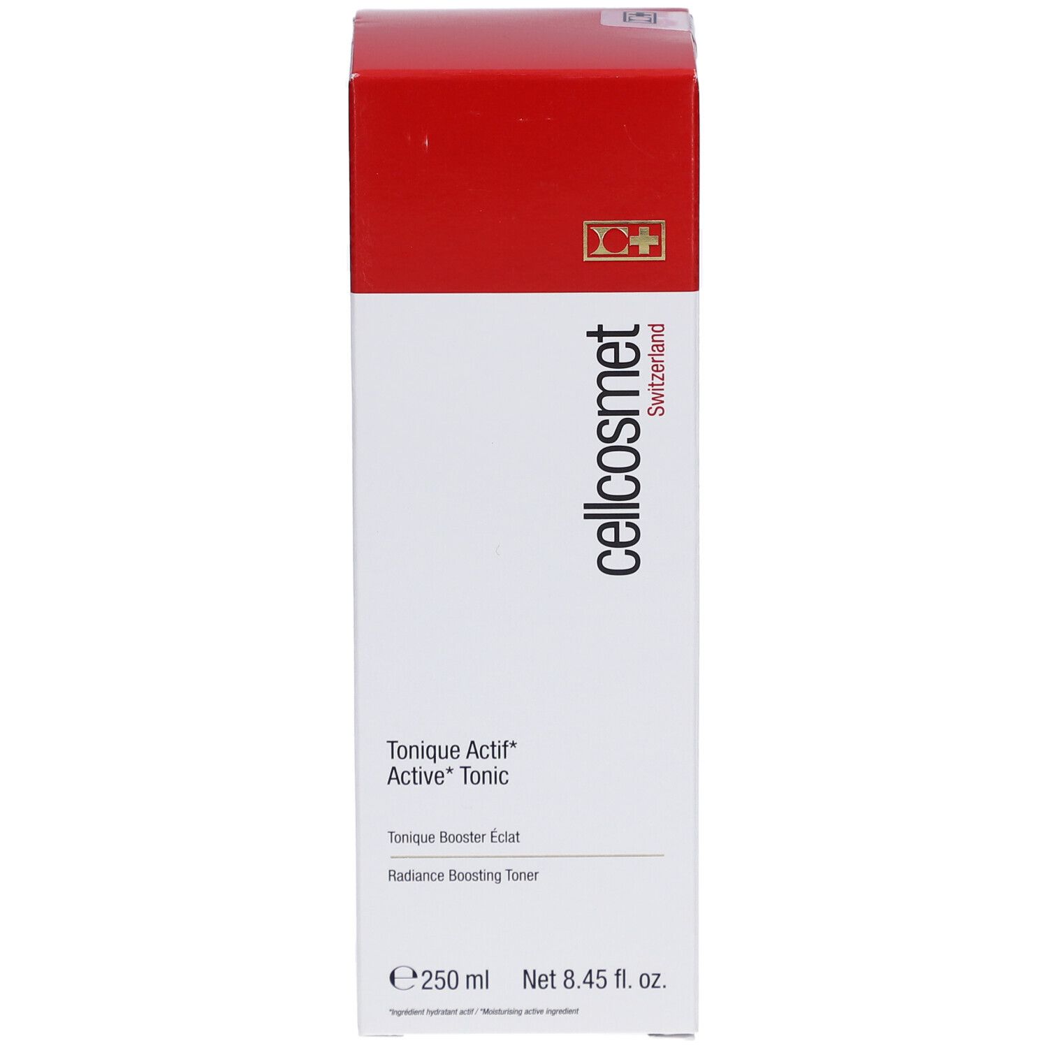 Weiß-rote Verpackung. Cellcosmet-Logo. Produktname: Tonique Actif Active Tonic. Text: 250 ml, Net 8.45 fl. oz.