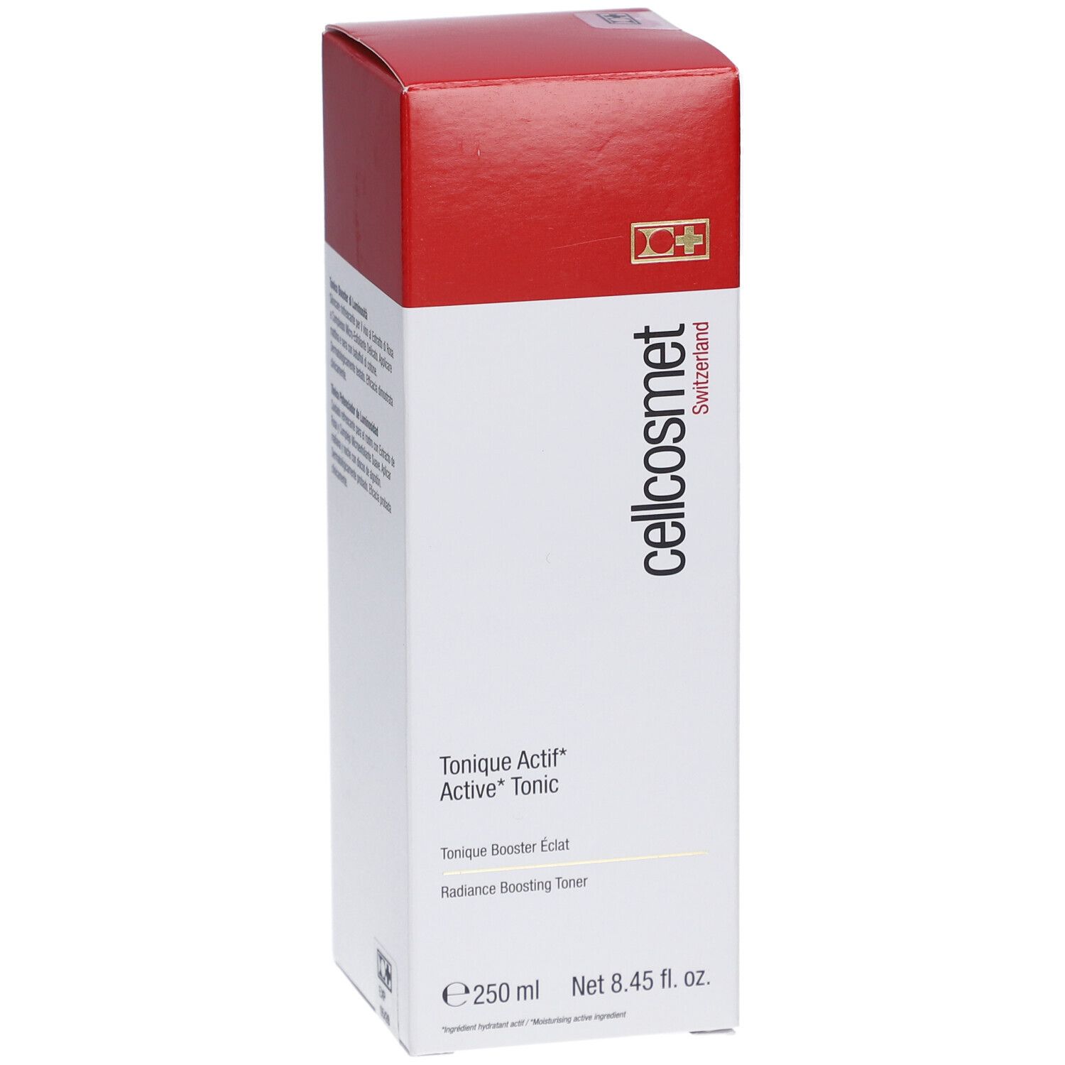 Weiß-rote Verpackung. Cellcosmet-Logo. Produktname: Tonique Actif Active Tonic. Text: 250 ml, Net 8.45 fl. oz.