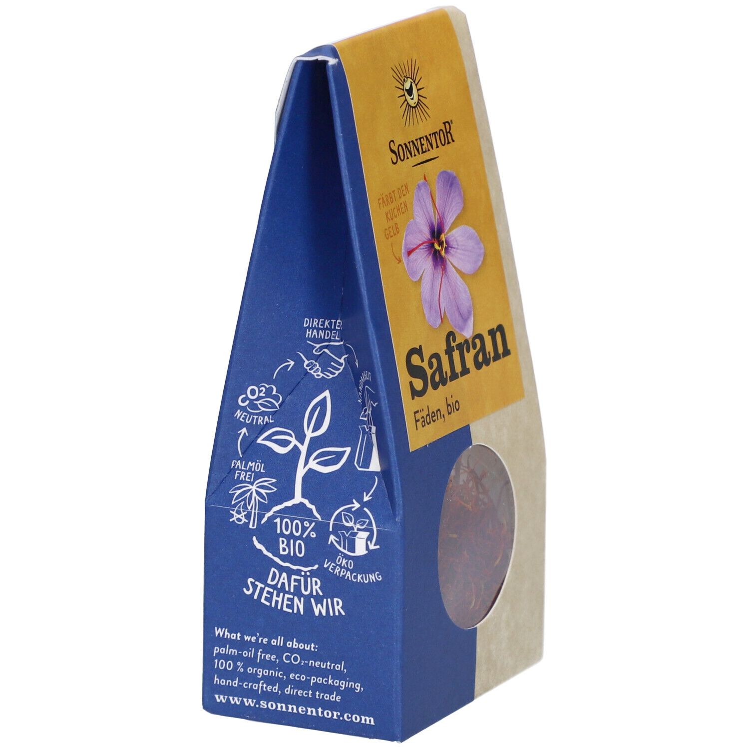 Sonnentor Safranfäden, bio. Dreieckige Verpackung mit Sichtfenster. Aufdruck mit Blüte und Schriftzug Safran.