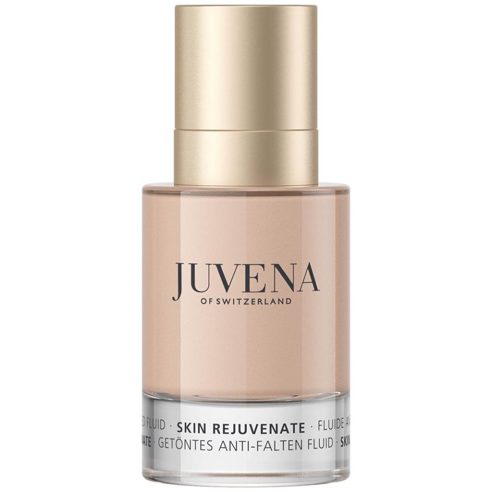 Flüssigkeit in einer Glasflasche mit goldenem Deckel. Aufschrift: Juvena of Switzerland. Skin Rejuvenate.
