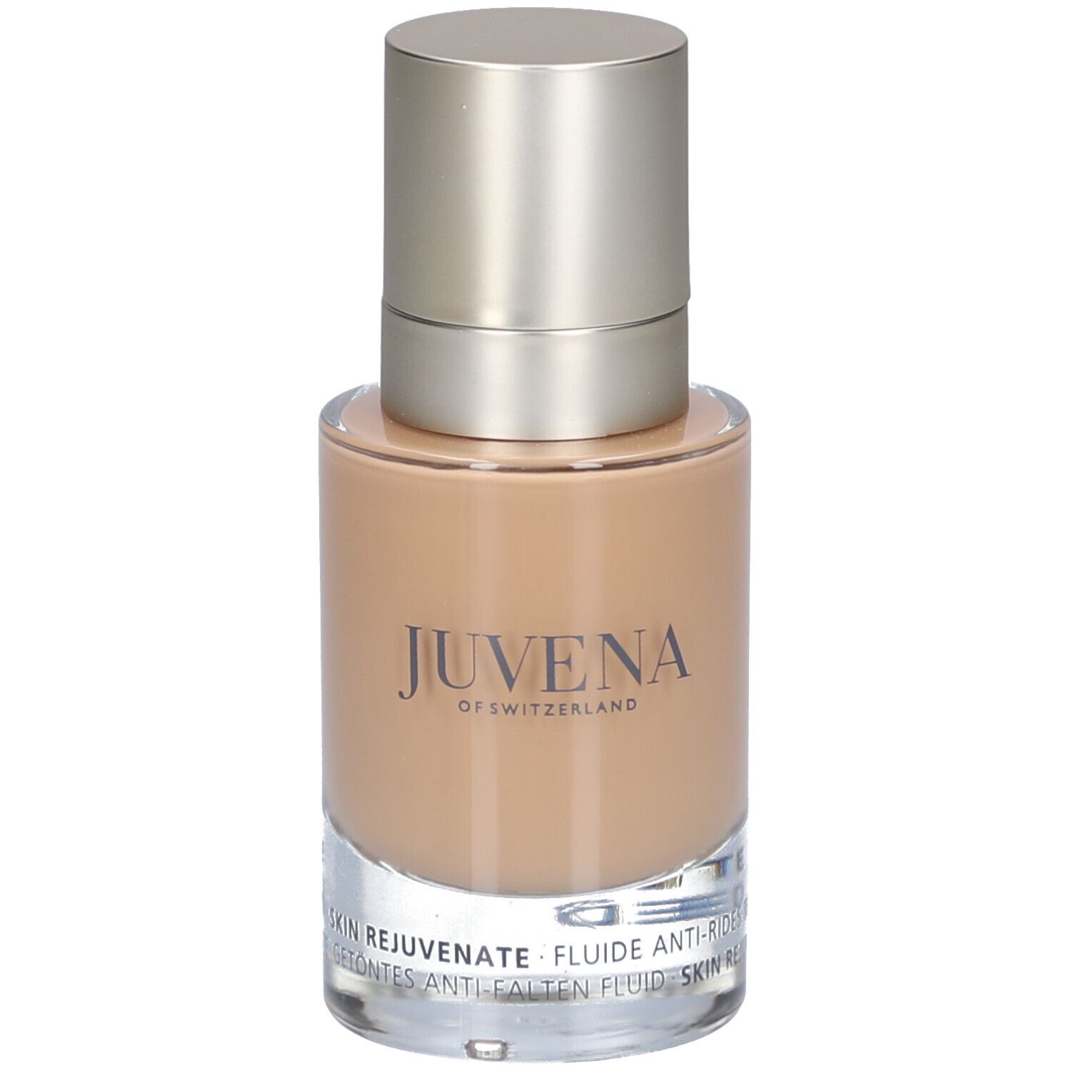 Flüssigkeit in einer Glasflasche mit silberfarbenem Deckel. Aufschrift: Juvena of Switzerland. Getönte Flüssigkeit.