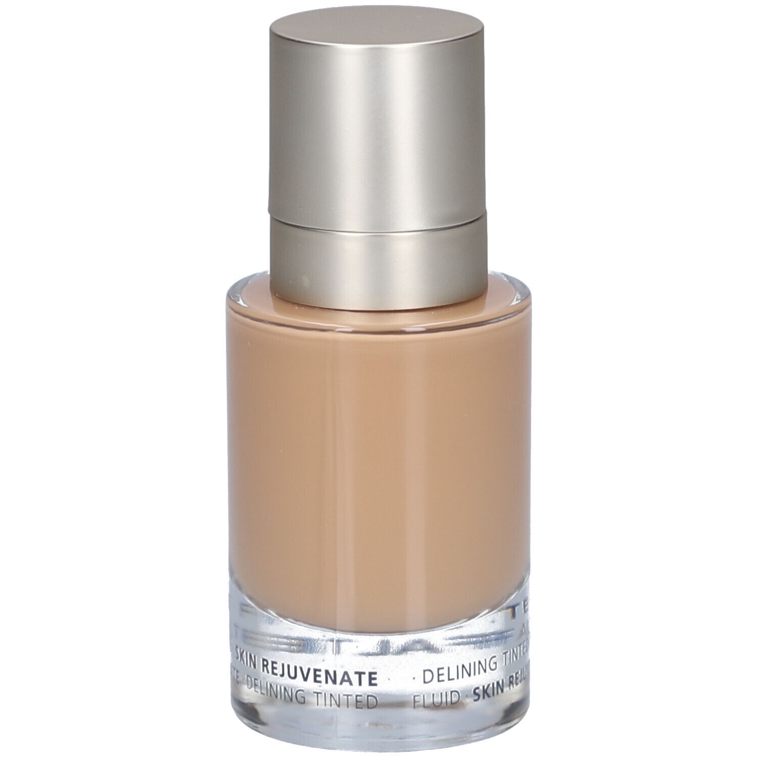 Glasflasche mit silberfarbenem Deckel. Aufschrift: Juvena of Switzerland. Getönte Flüssigkeit. Text unten.