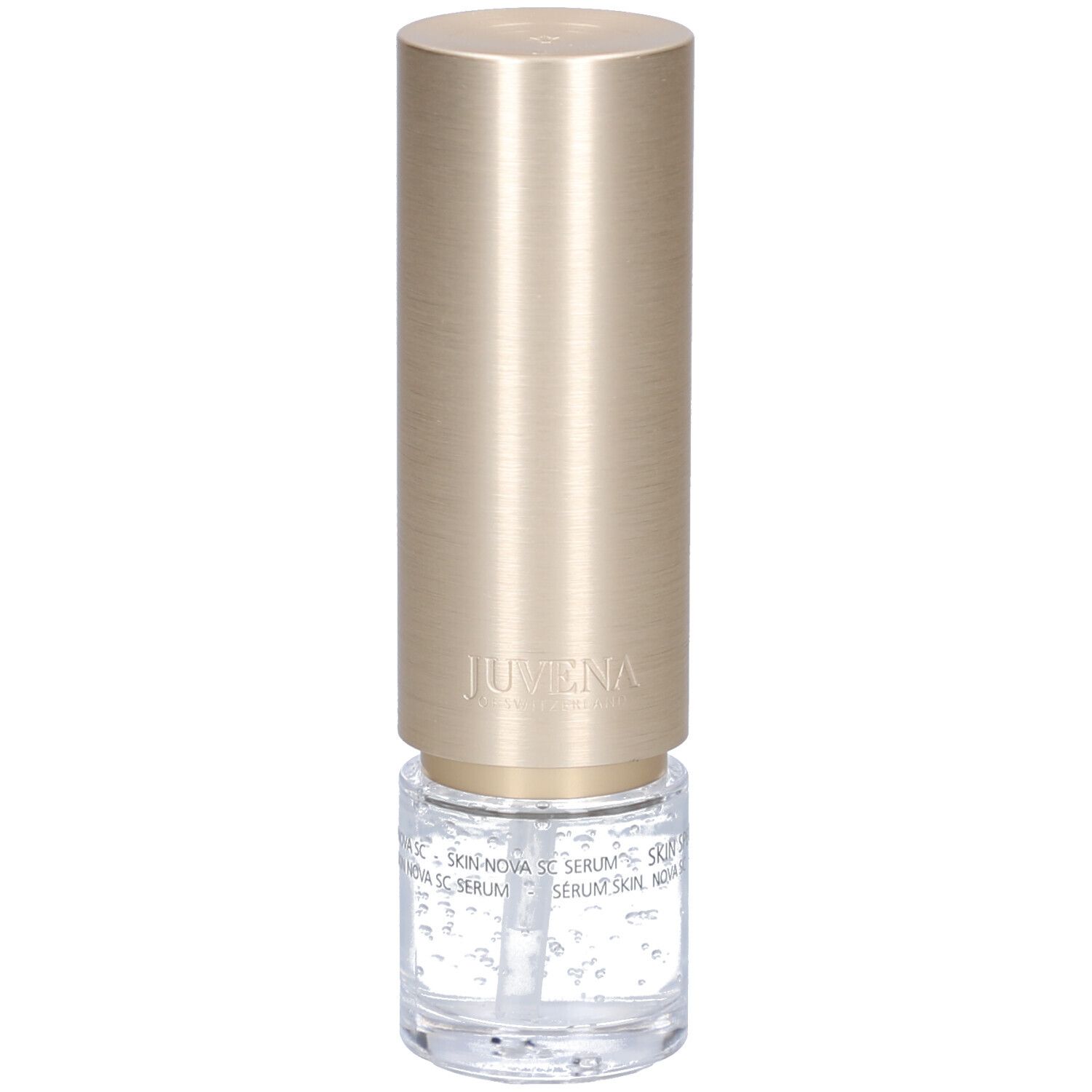 Beige-goldfarbene Flasche. Aufschrift: JUVENA, SKIN SPECIALISTS, SKIN NOVA SC SERUM.