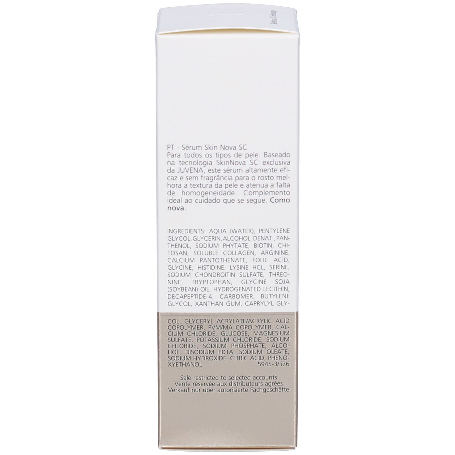 Rückseite der Produktverpackung. Text in mehreren Sprachen, Inhaltsstoffe.