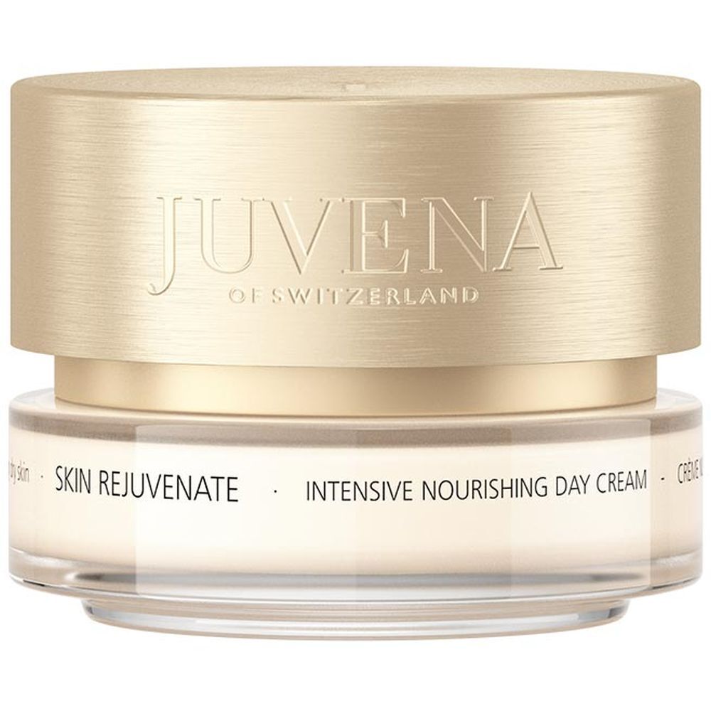 Creme-Glas mit goldfarbenem Deckel. Aufschrift: JUVENA OF SWITZERLAND. Text: SKIN REJUVENATE, INTENSIVE NOURISHING DAY CREAM.