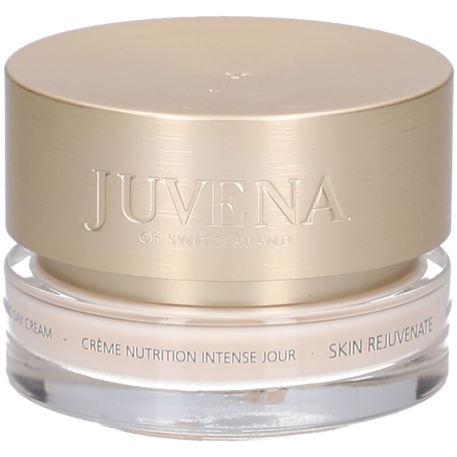 Creme-Glas mit goldfarbenem Deckel. Aufschrift: JUVENA OF SWITZERLAND. Text: SKIN REJUVENATE, Crème Nutrition Intense Jour.