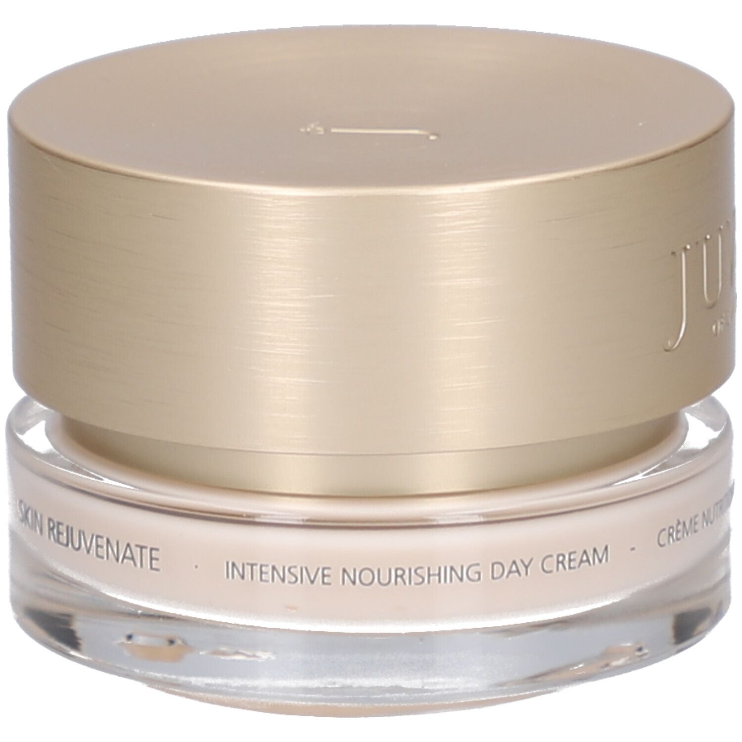 Creme-Glas mit goldfarbenem Deckel. Aufschrift: JUVENA OF SWITZERLAND. Text: INTENSIVE NOURISHING DAY CREAM, Crème Nutrition Intense Jour.