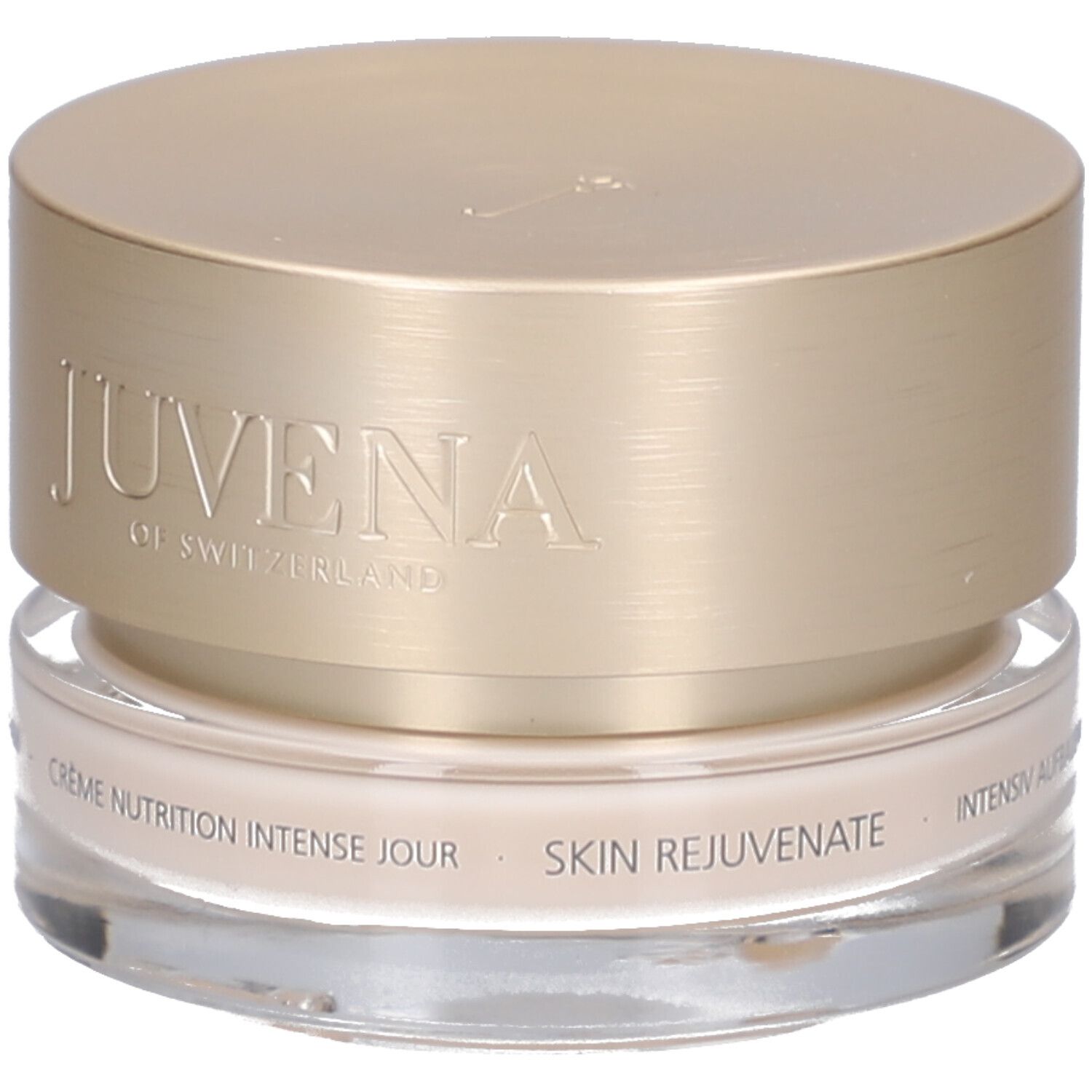 Creme-Glas mit goldfarbenem Deckel. Aufschrift: JUVENA OF SWITZERLAND. Text: Crème Nutrition Intense Jour, SKIN REJUVENATE.