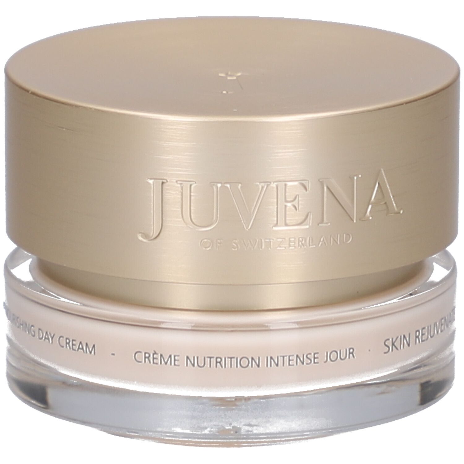 Creme-Glas mit goldfarbenem Deckel. Aufschrift: JUVENA OF SWITZERLAND. Text: Crème Nutrition Intense Jour, SKIN REJUVENATE.