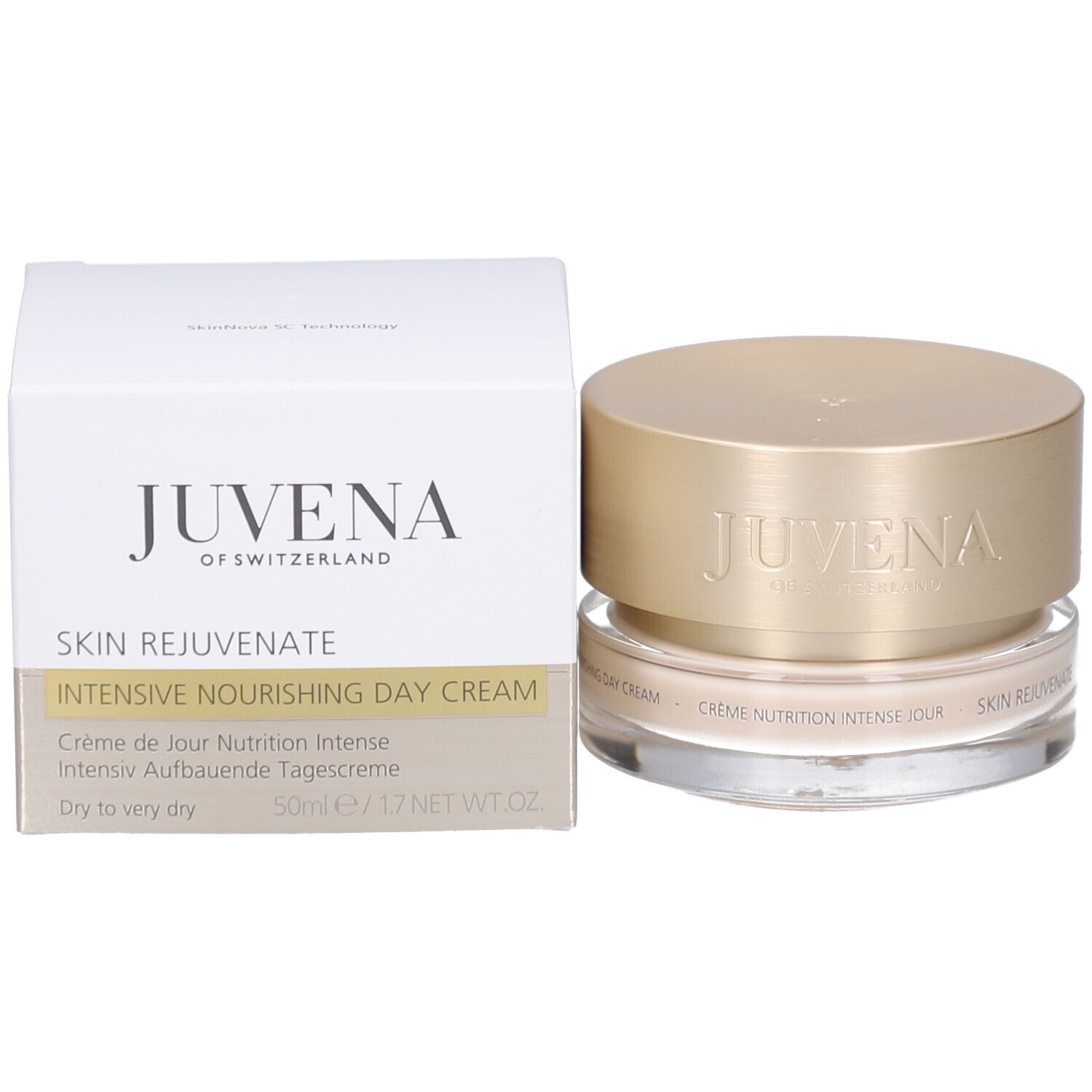 Creme-Glas mit goldfarbenem Deckel. Aufschrift: JUVENA OF SWITZERLAND. Text: INTENSIVE NOURISHING DAY CREAM, Crème Nutrition Intense Jour.