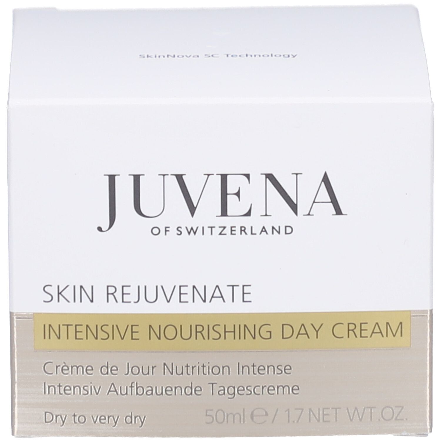 Creme-Glas mit goldfarbenem Deckel. Aufschrift: JUVENA OF SWITZERLAND. Text: INTENSIVE NOURISHING DAY CREAM, Crème Nutrition Intense Jour.