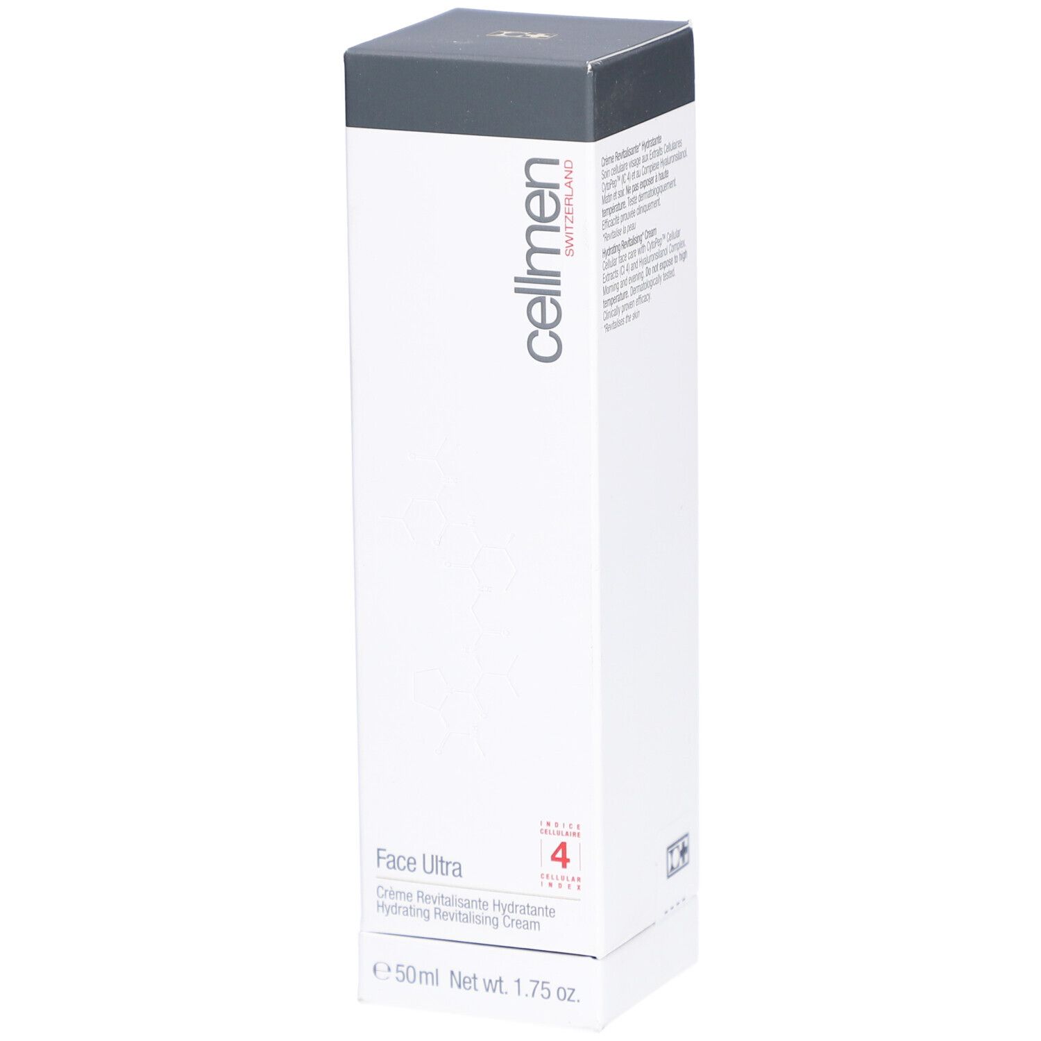 Weißer Karton mit grauer Oberseite. Aufschrift: cellmen, Face Ultra, Hydrating Revitalizing Cream. 50ml.