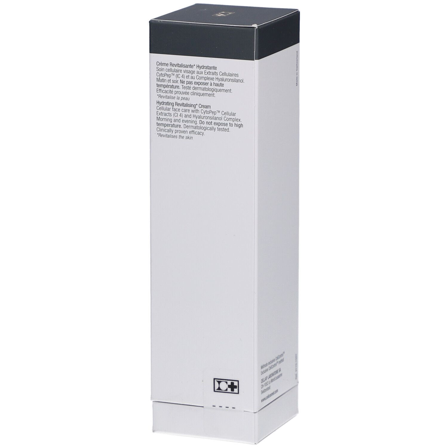 Weißer Karton mit grauer Oberseite. Text in Französisch. Aufschrift: cellmen, Crème Revitalisante Hydratante.