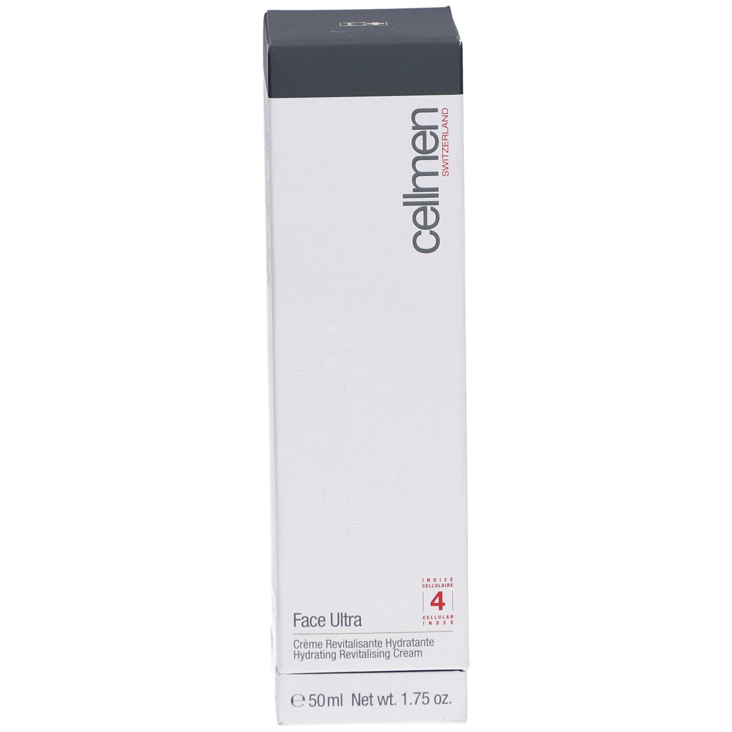 Weißer Karton mit grauer Oberseite. Aufschrift: cellmen, Face Ultra, Hydrating Revitalizing Cream. 50ml.