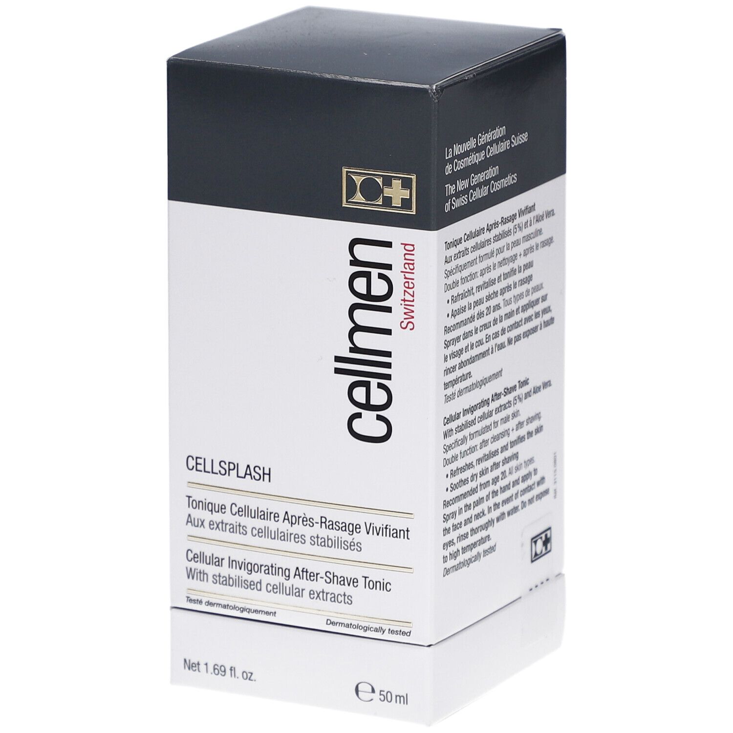 Cellcosmet Cellmen Cellsplash-Verpackung. Weiß, schwarz und rot. Text: Cellmen, Cellsplash, After-Shave Tonic. 50 ml.