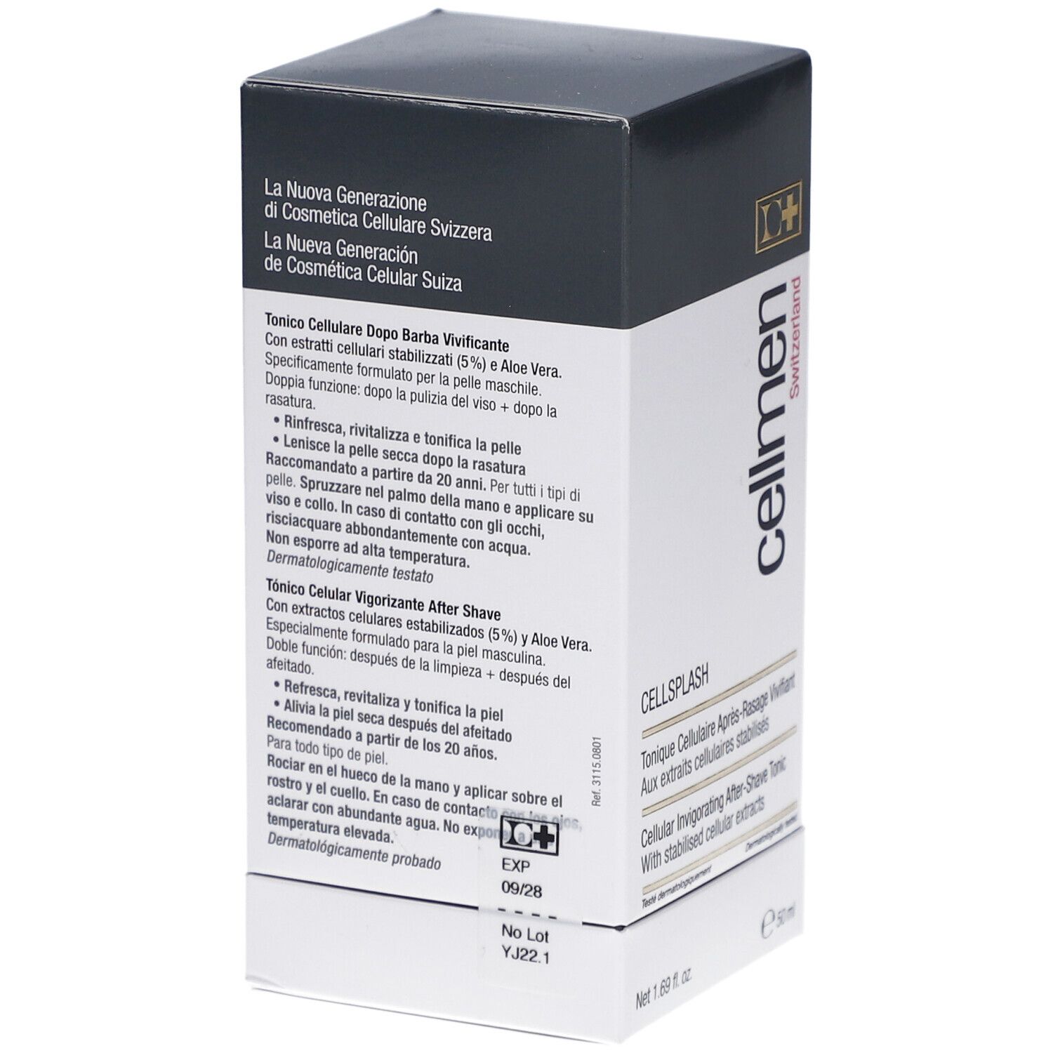 Cellcosmet Cellmen Cellsplash-Verpackung. Rückseite mit Text in Deutsch, Italienisch, Französisch. Haltbarkeitsdatum 09/28.