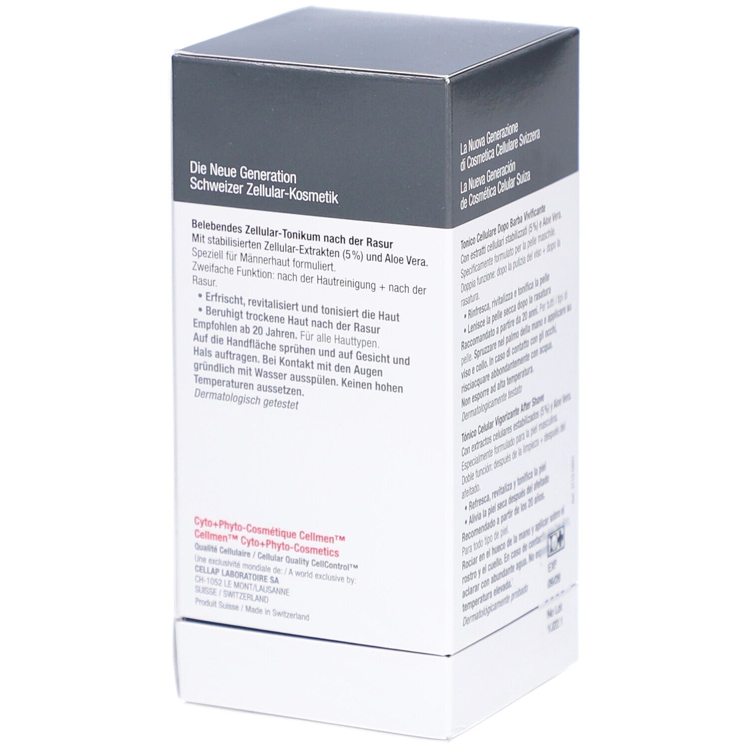 Cellcosmet Cellmen Cellsplash-Verpackung. Rückseite mit Text in Deutsch, Italienisch, Französisch. Dermatologisch getestet.