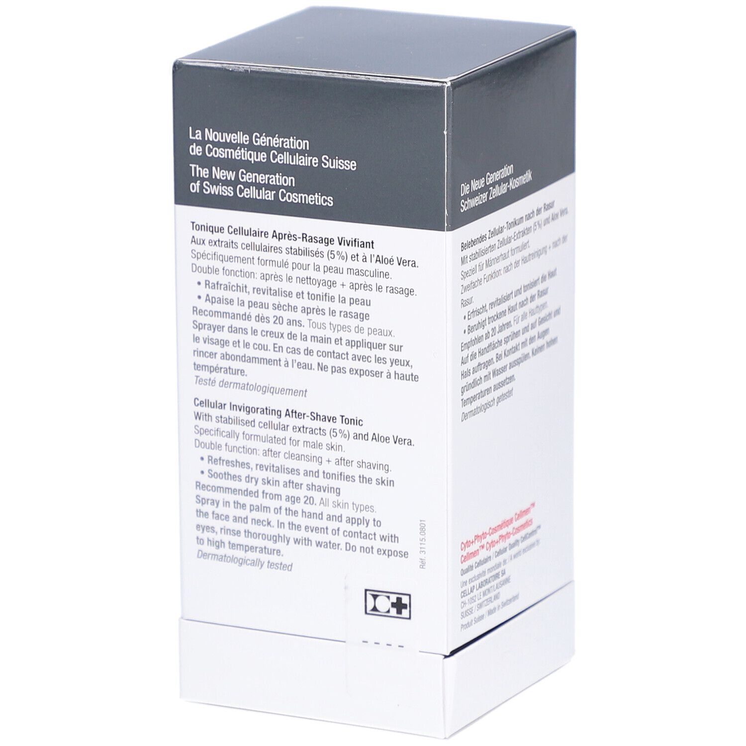 Cellcosmet Cellmen Cellsplash-Verpackung. Rückseite mit Text in Deutsch, Italienisch, Französisch. Dermatologisch getestet.