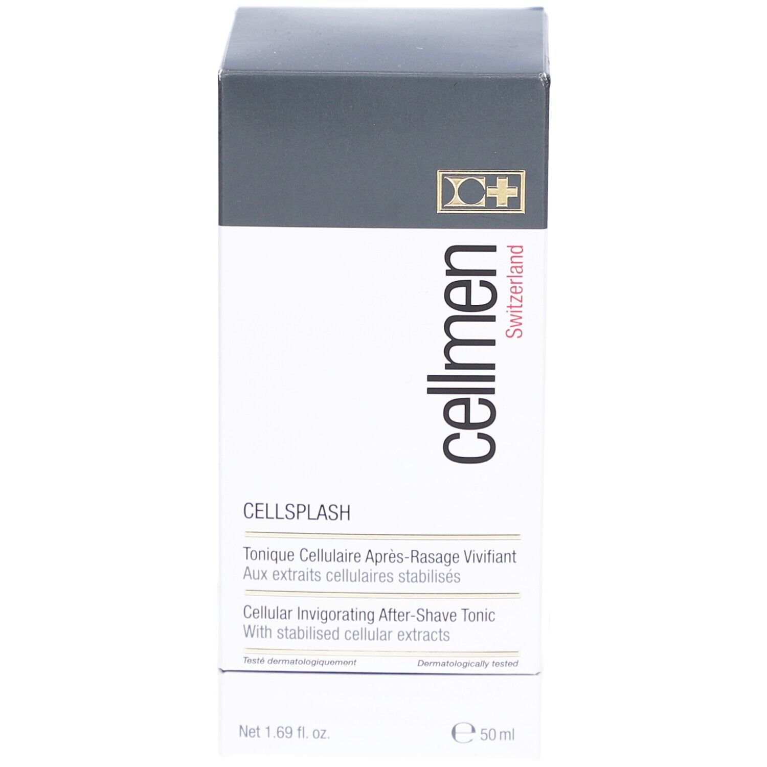 Cellcosmet Cellmen Cellsplash-Verpackung. Vorderseite mit Text: Cellmen, Cellsplash, After-Shave Tonic. 50 ml.