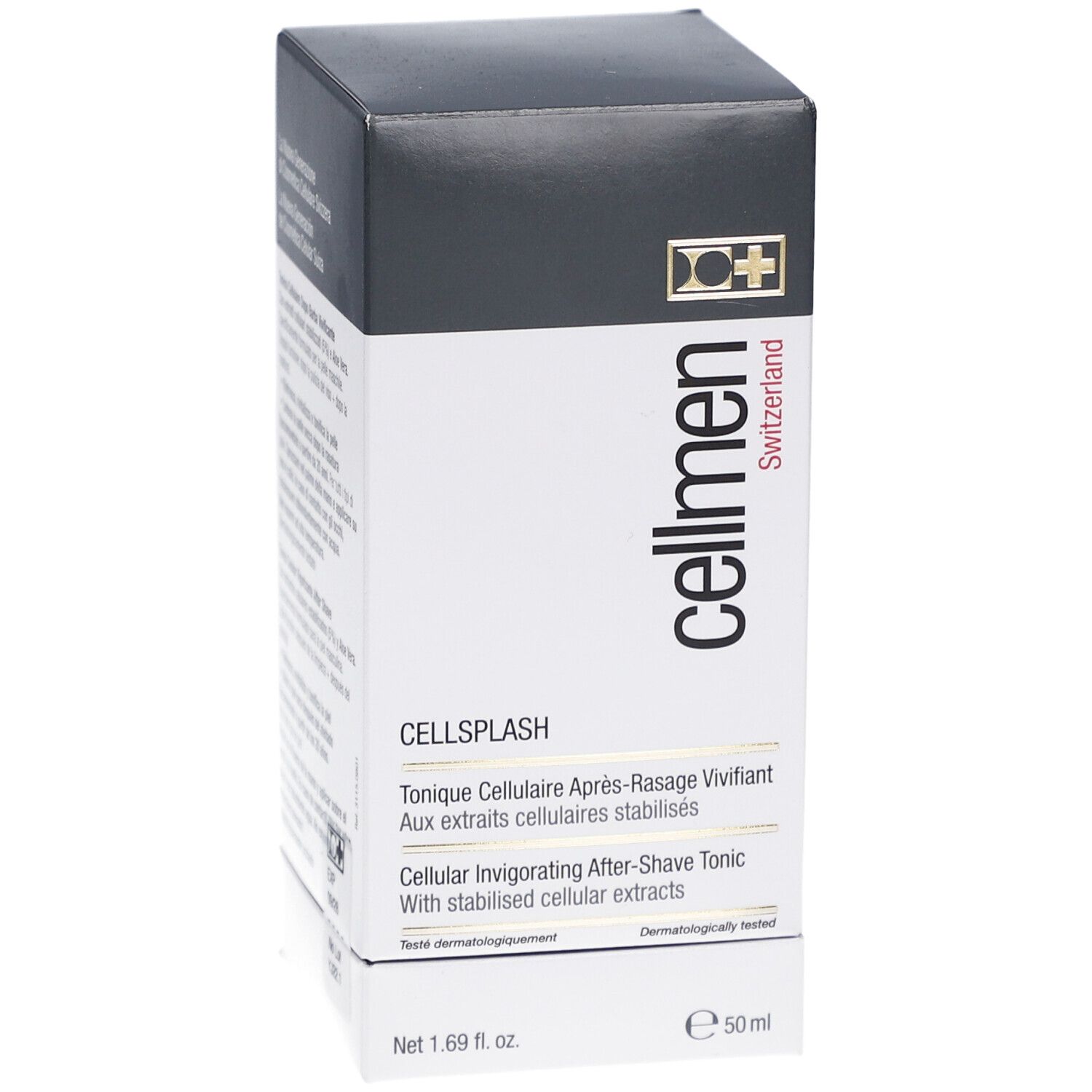 Cellcosmet Cellmen Cellsplash-Verpackung. Vorderseite mit Text: Cellmen, Cellsplash, After-Shave Tonic. 50 ml.