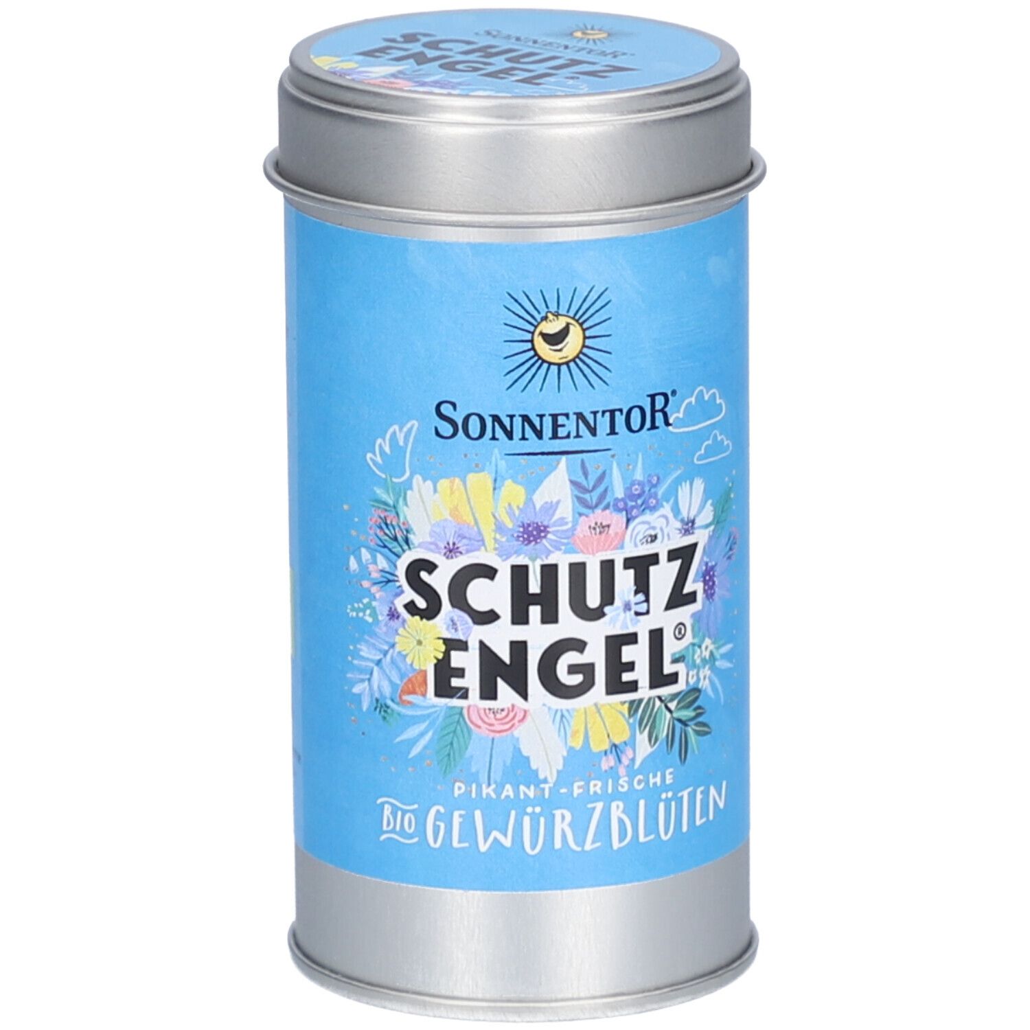 Zylindrische Dose mit blauem Etikett. Aufschrift: SCHUTZ ENGEL, BIO GEWÜRZBLÜTEN. Logo: Sonne. Deckel mit Schriftzug.