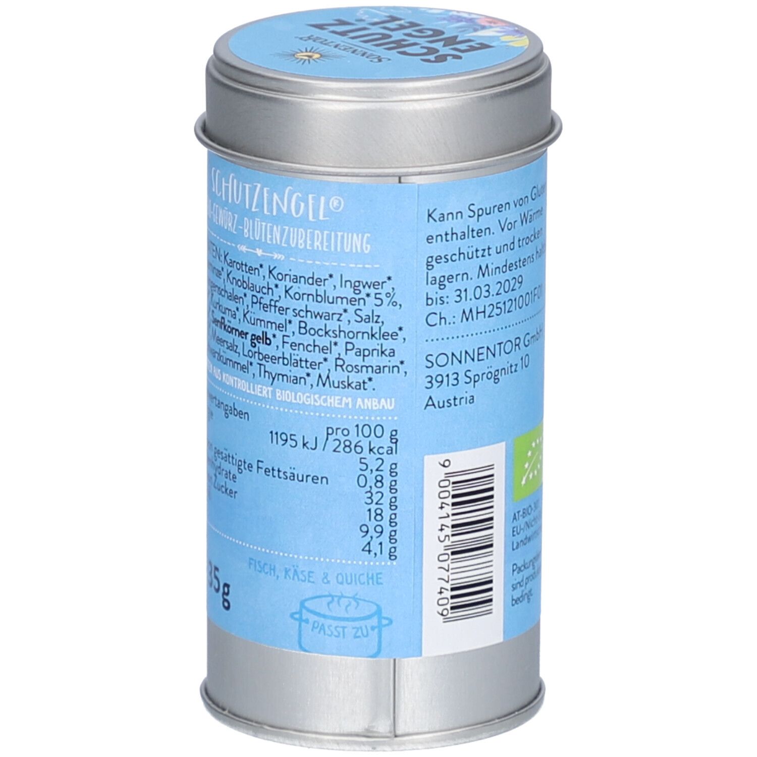 Dose mit Zutatenliste und Nährwertangaben. Text: Zutaten, Nährwertangaben, 35g. Bio-Siegel. Barcode.