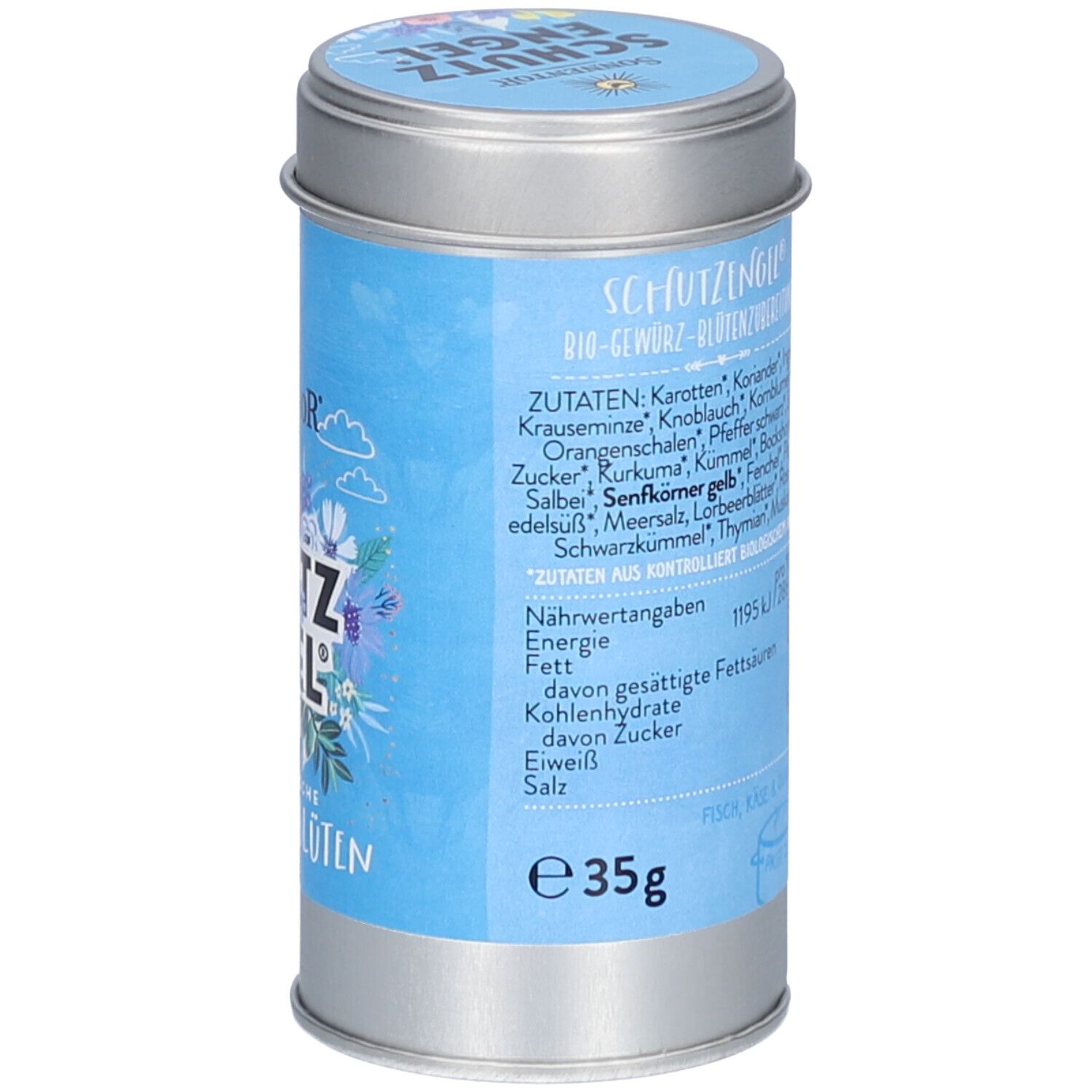 Dose mit Zutatenliste und Nährwertangaben. Text: Zutaten, Nährwertangaben, 35g. Bio-Siegel.