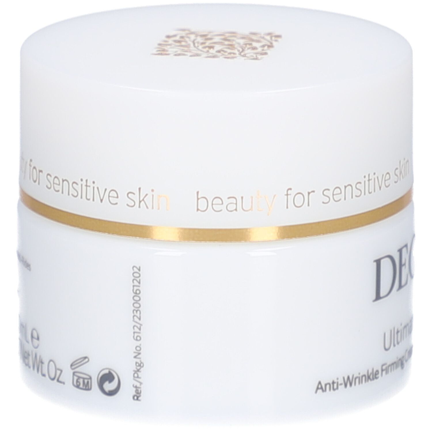 Weißer Tiegel mit Deckel. Goldfarbener Ring. Aufschrift: DECLARE. Text und Symbole auf der Seite.