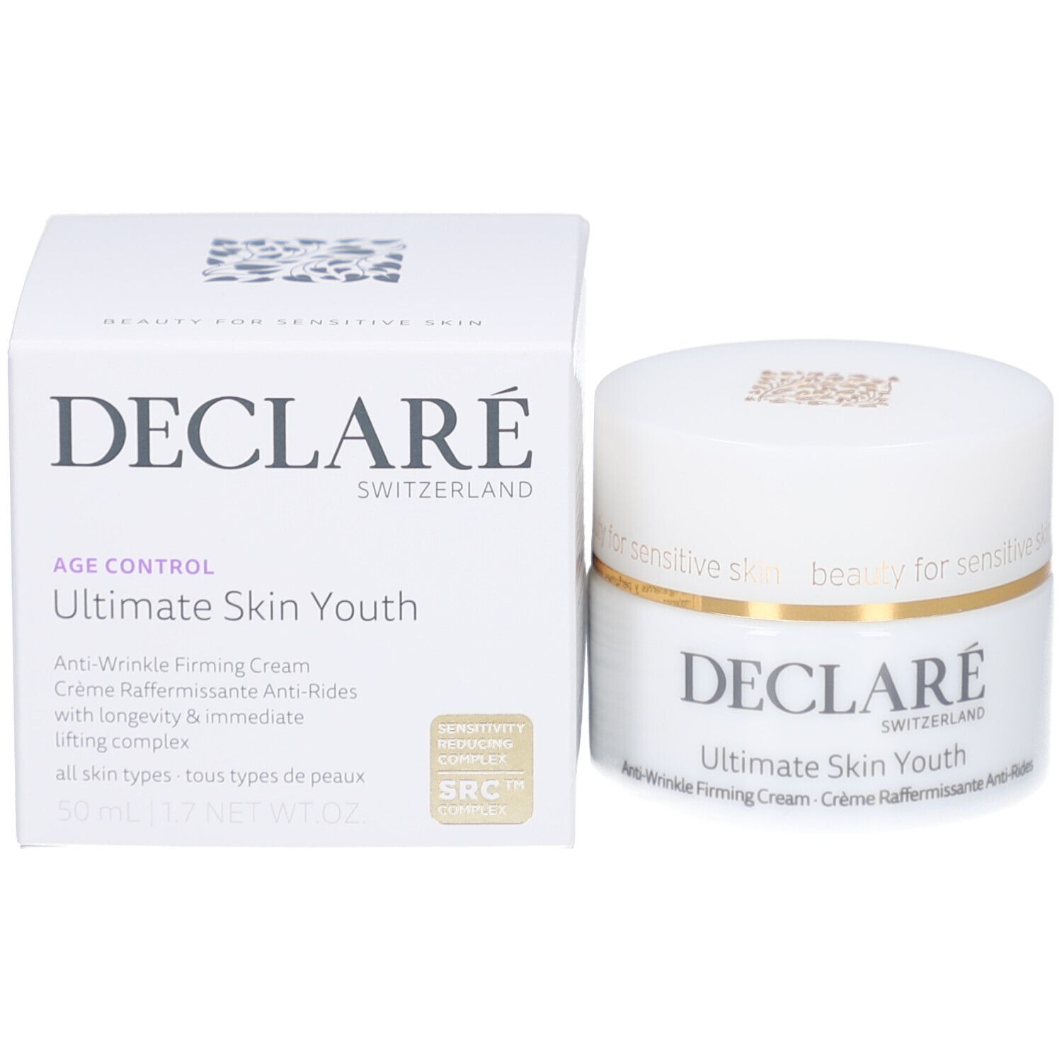 Produktverpackung und Tiegel. Aufschrift: DECLARE, Ultimate Skin Youth Anti-Wrinkle Firming Cream. 50 ml.