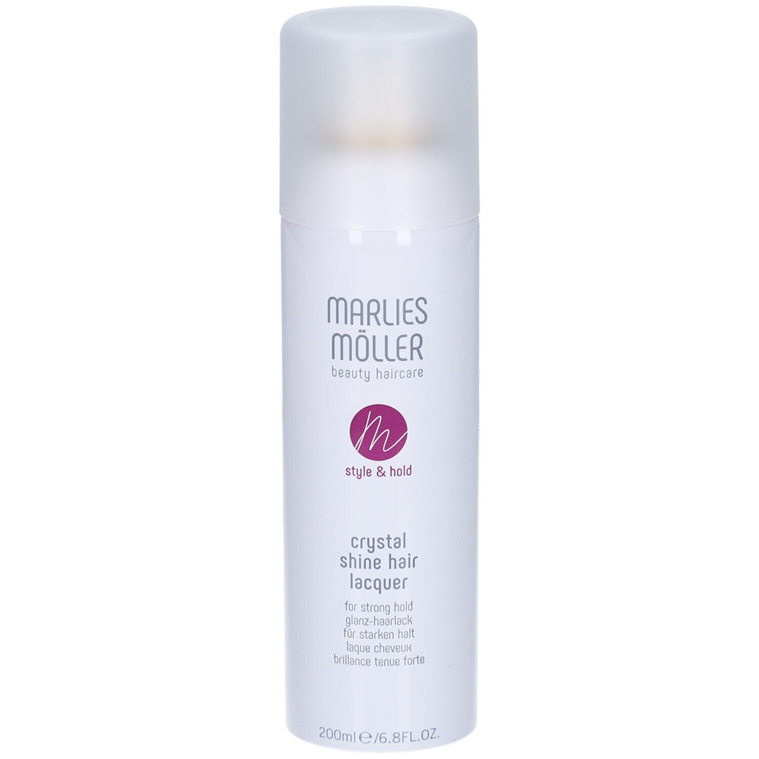 Weißes Haarspray von Marlies Möller. Aufschrift: Crystal Shine Hair Lacquer. 200ml/6.8FL.OZ.